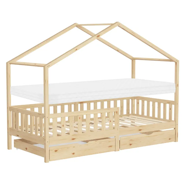 ECD Germany Kinder Lit cabane 90x200 naturel avec matelas et tiroirs