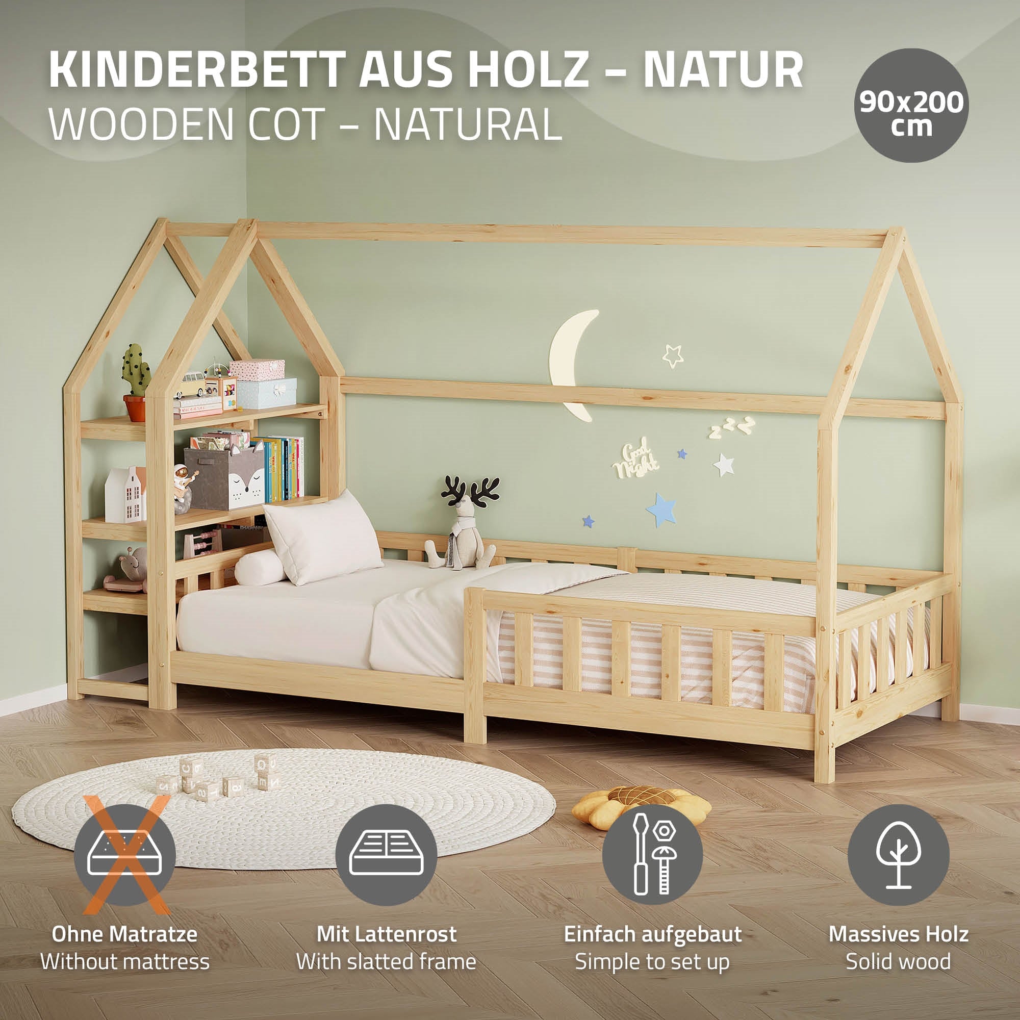 ML-Design lit cabane enfant pin 90x200 barrière étagère sommier