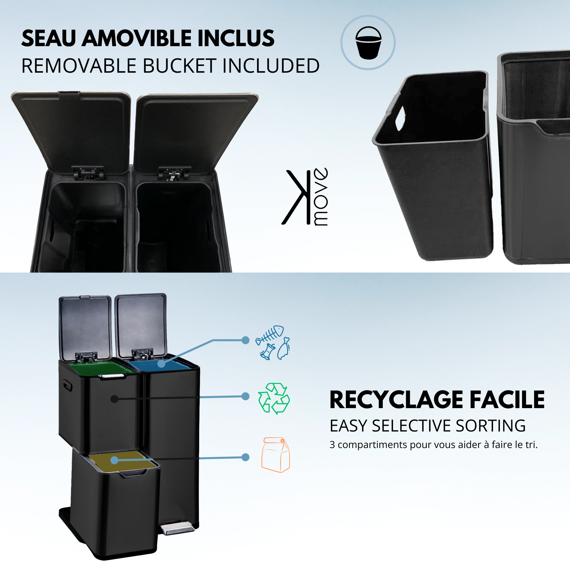 Red Deco Haja poubelle tri 60L inox noir à pédale