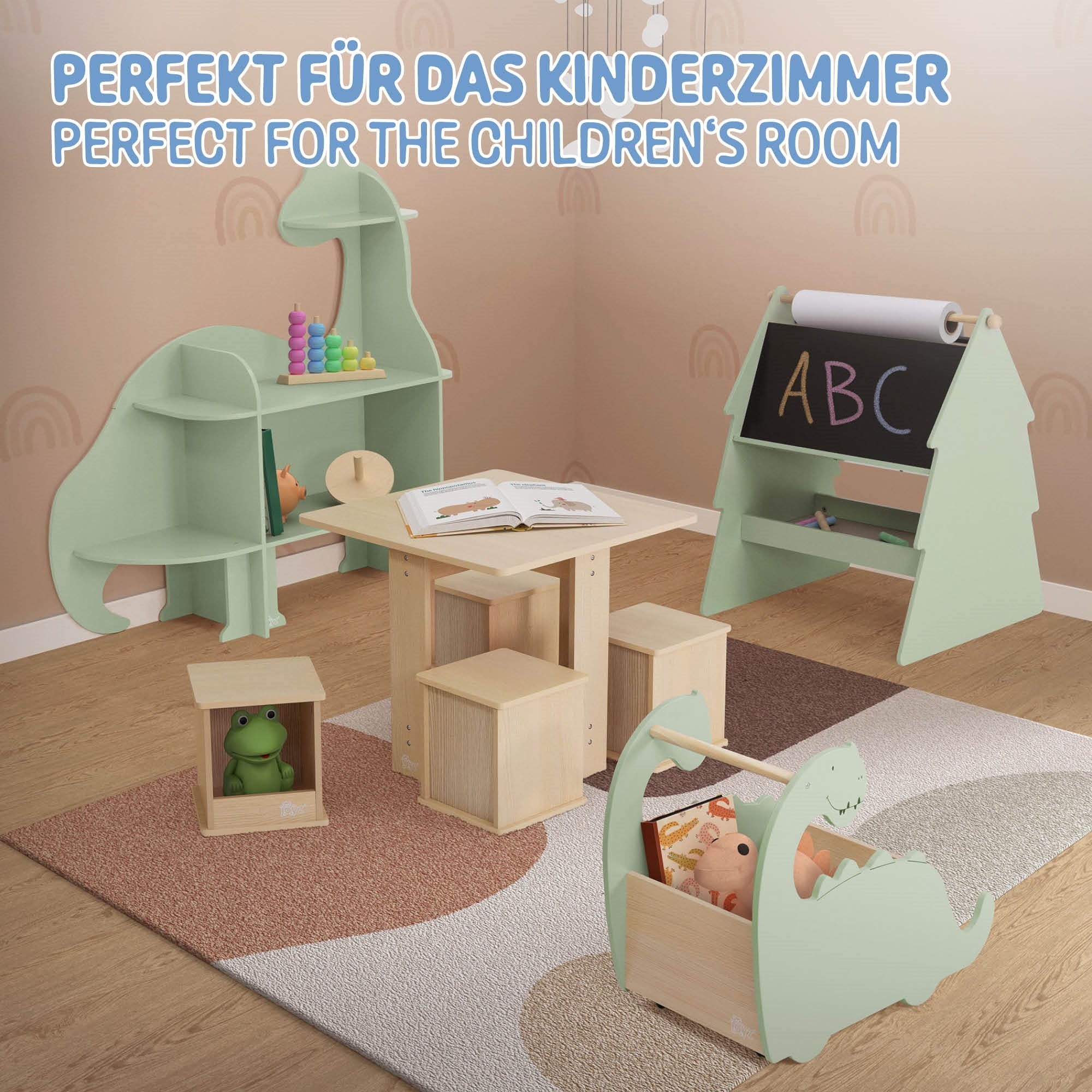 ECD Germany Kinder Coffre à jouets dino beige vert roulettes