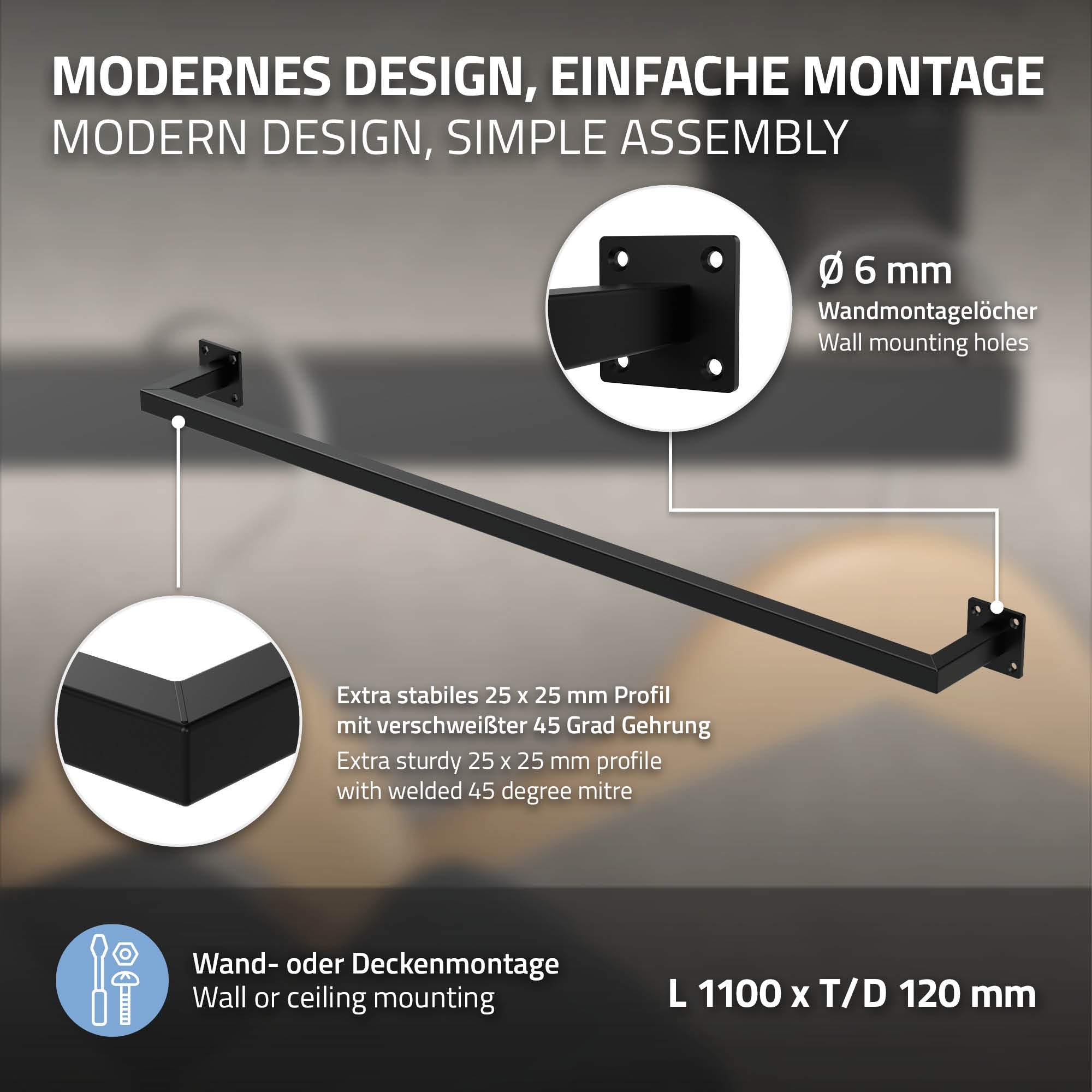 ECD Germany ML-Design tringle penderie murale noire 110 cm lot de 2 acier