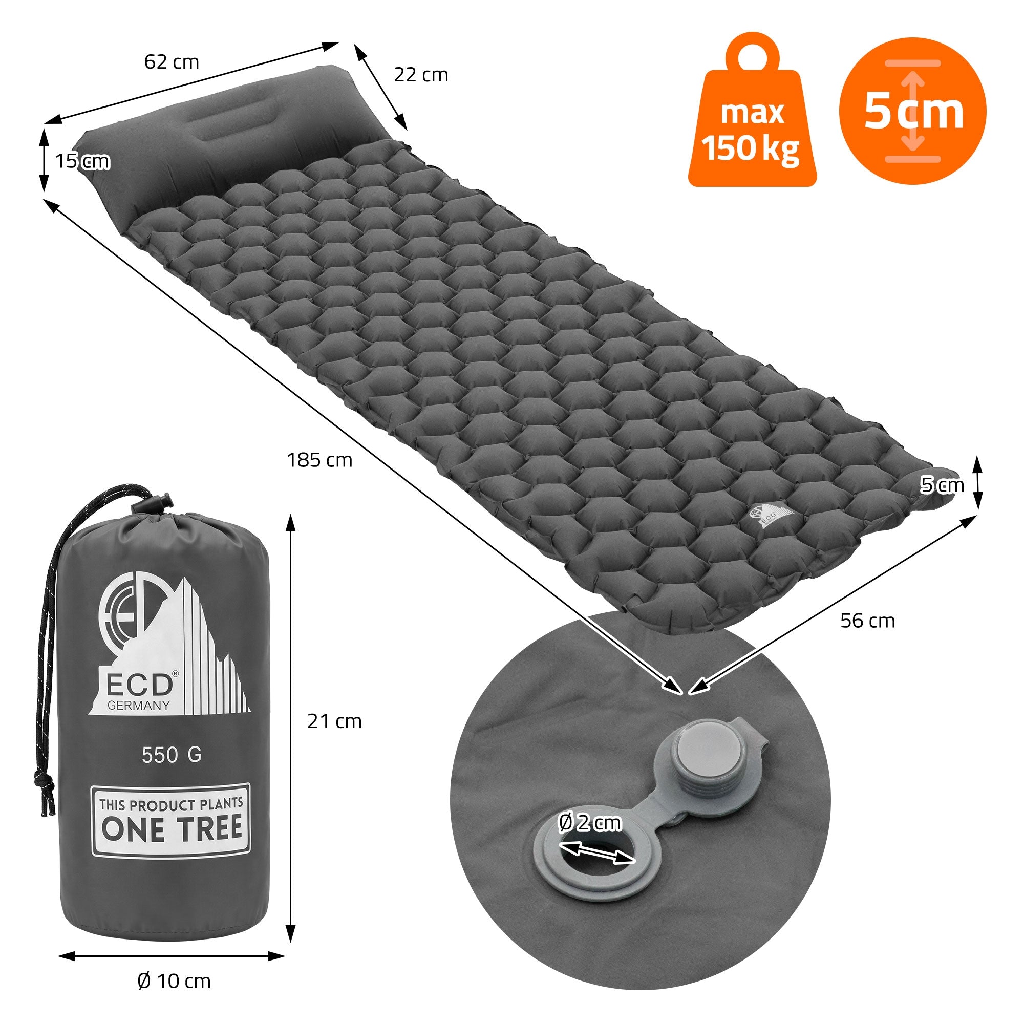 ECD Germany Sport Matelas camping gonflable gris avec oreiller