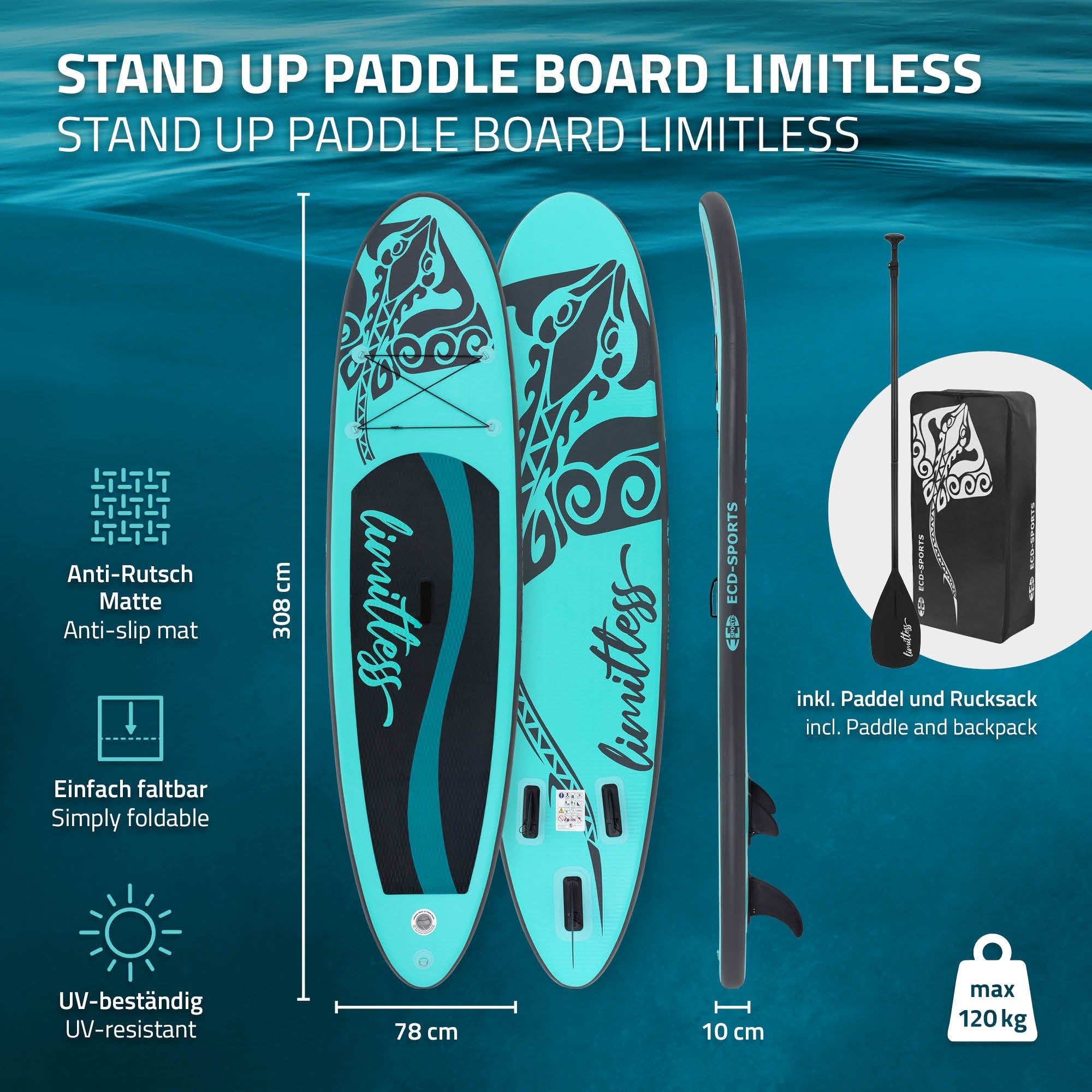 ECD Germany Limitless 308 SUP gonflable turquoise + pompe