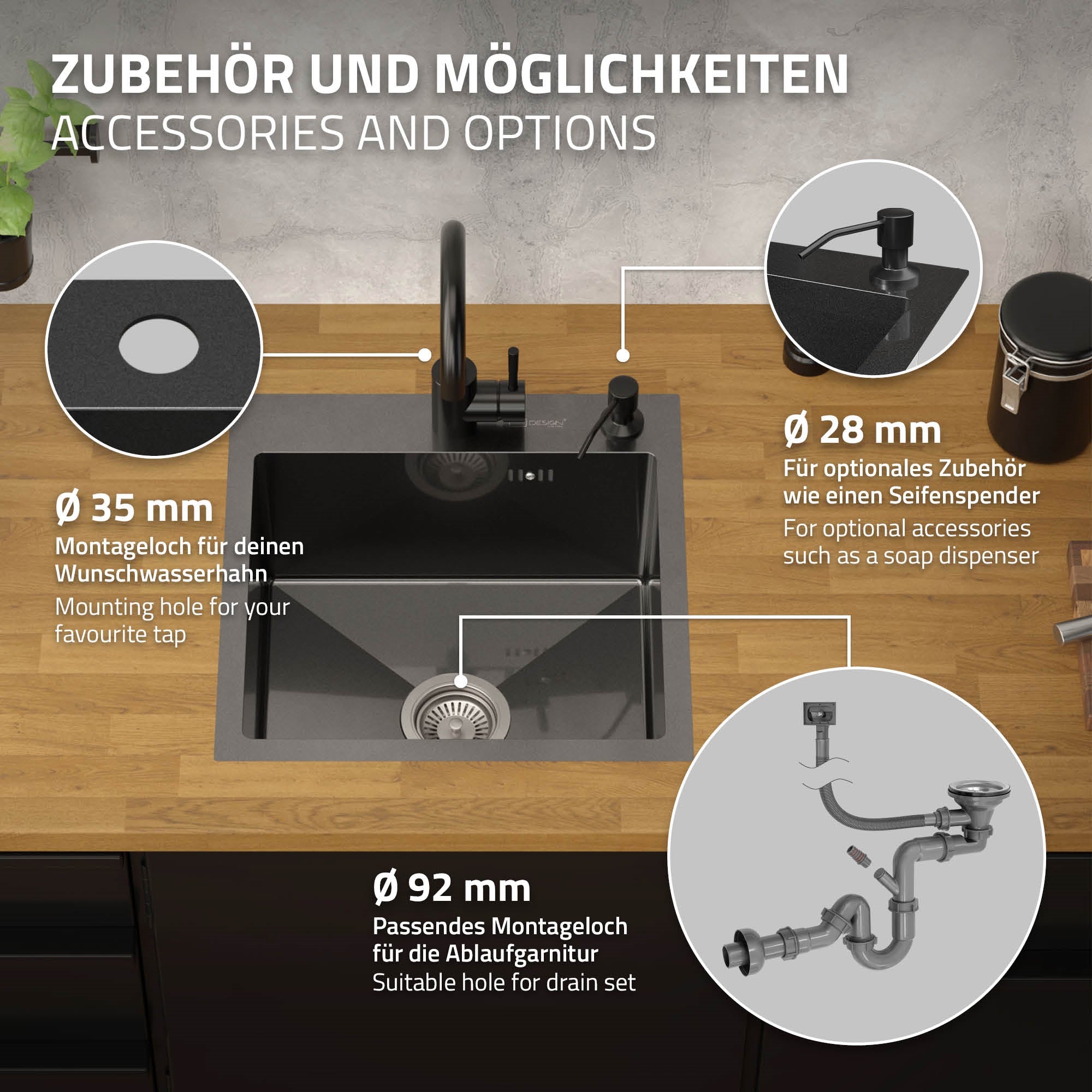 ECD Germany Sanitär Évier inox 45x45 cm anthracite à encastrer