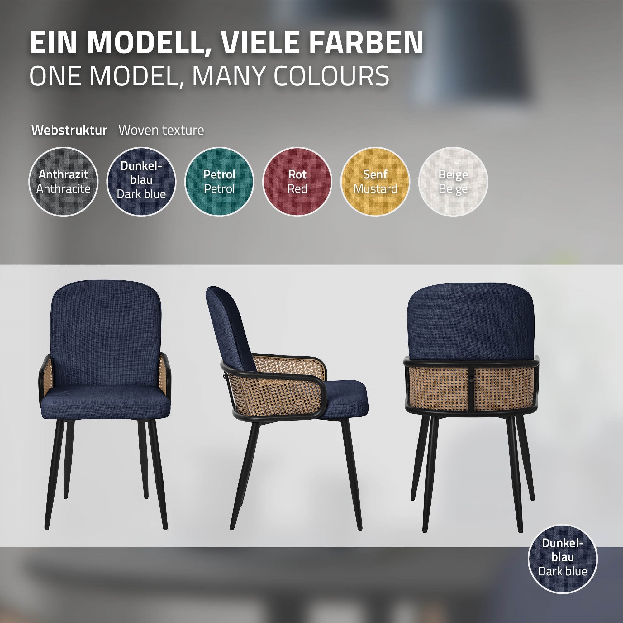 ECD Germany Möbel Lot 6 chaises bleu foncé tissu rotin accoudoirs