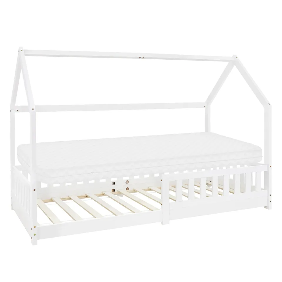 ECD Germany Kinder lit cabane blanc 90x200 + matelas 10 cm