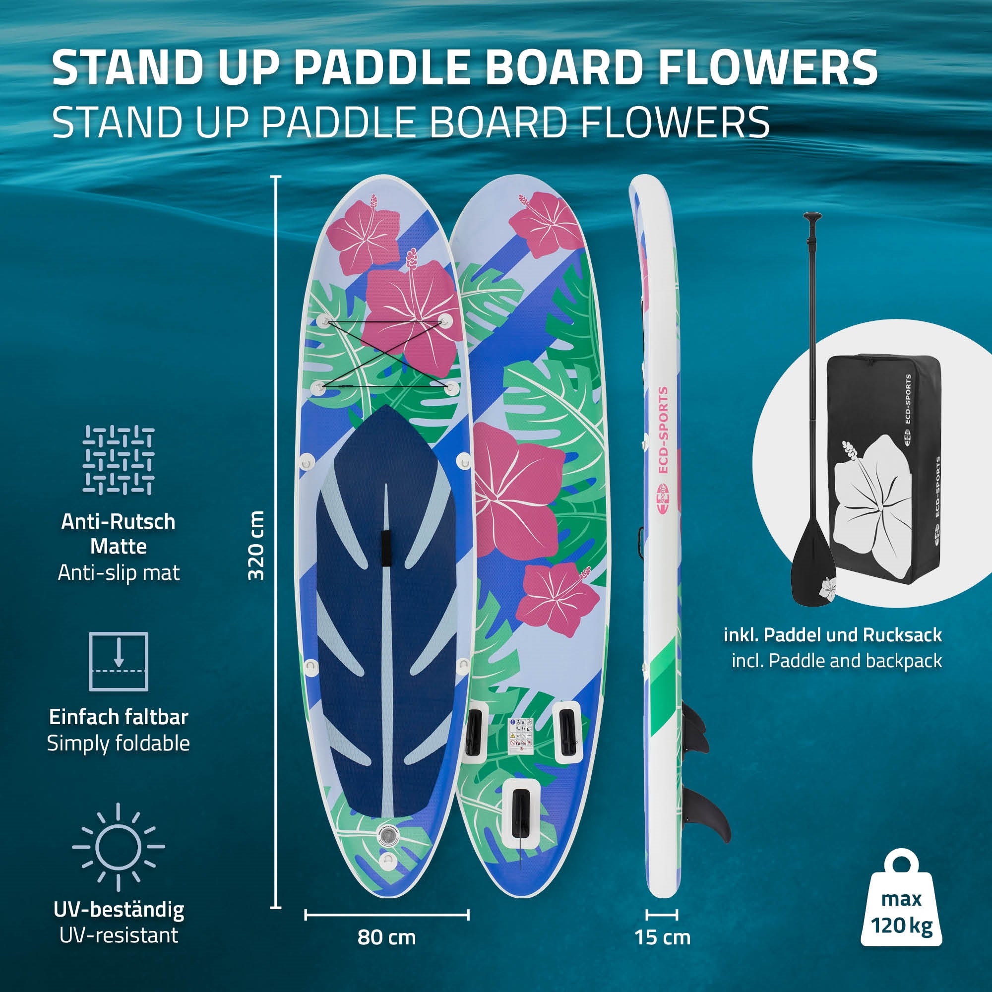 ECD Germany SUP Flowers paddle gonflable bleu 320 cm PVC