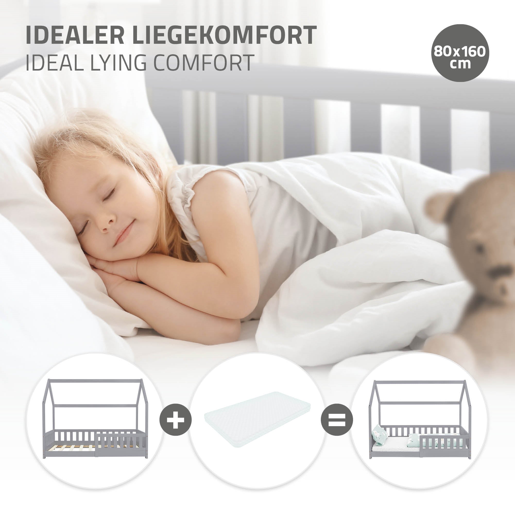 ECD Germany Kinder lit cabane enfant 80x160 gris clair pin B-Ware