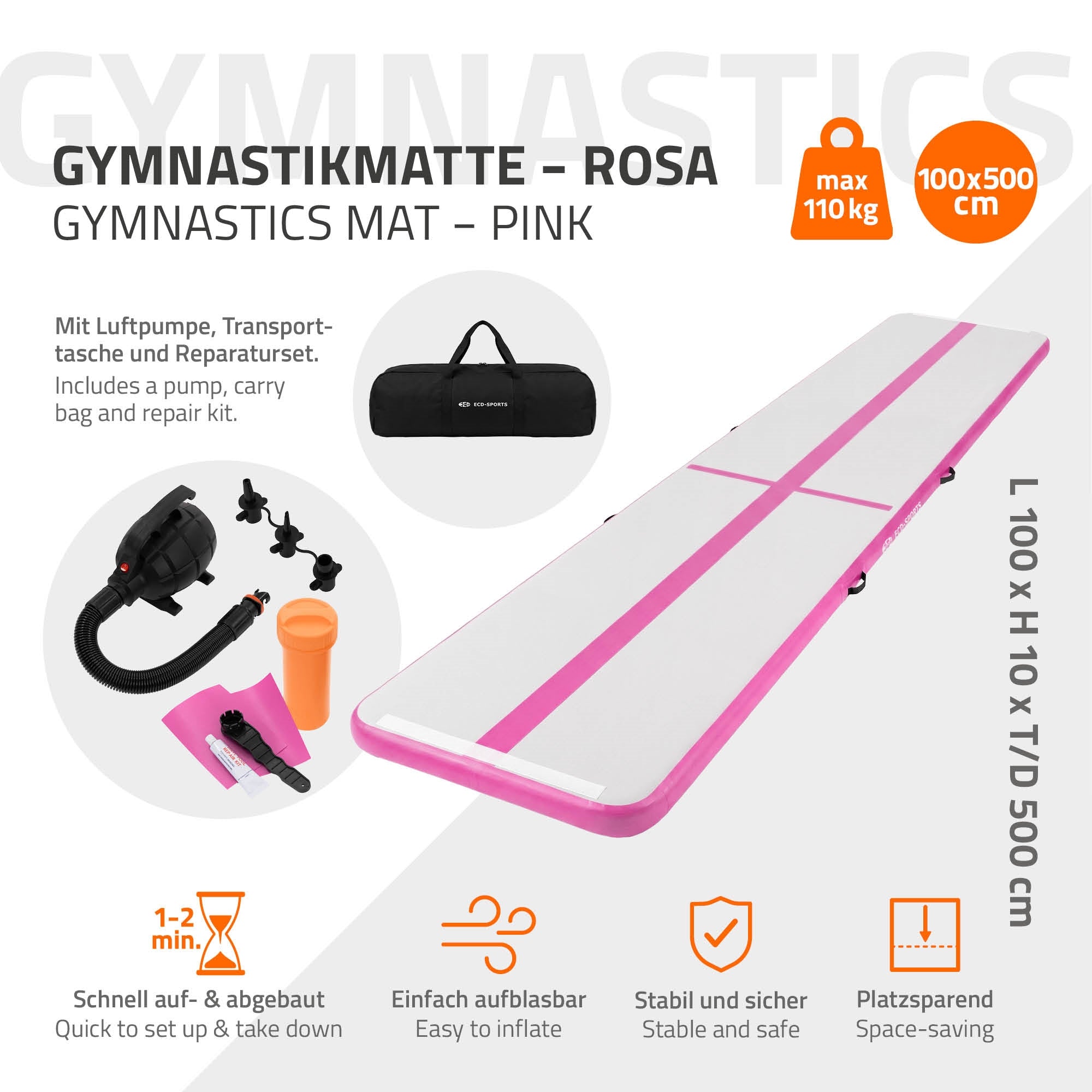 ECD Germany Airtrack tapis gym gonflable rose 500x100x10 cm