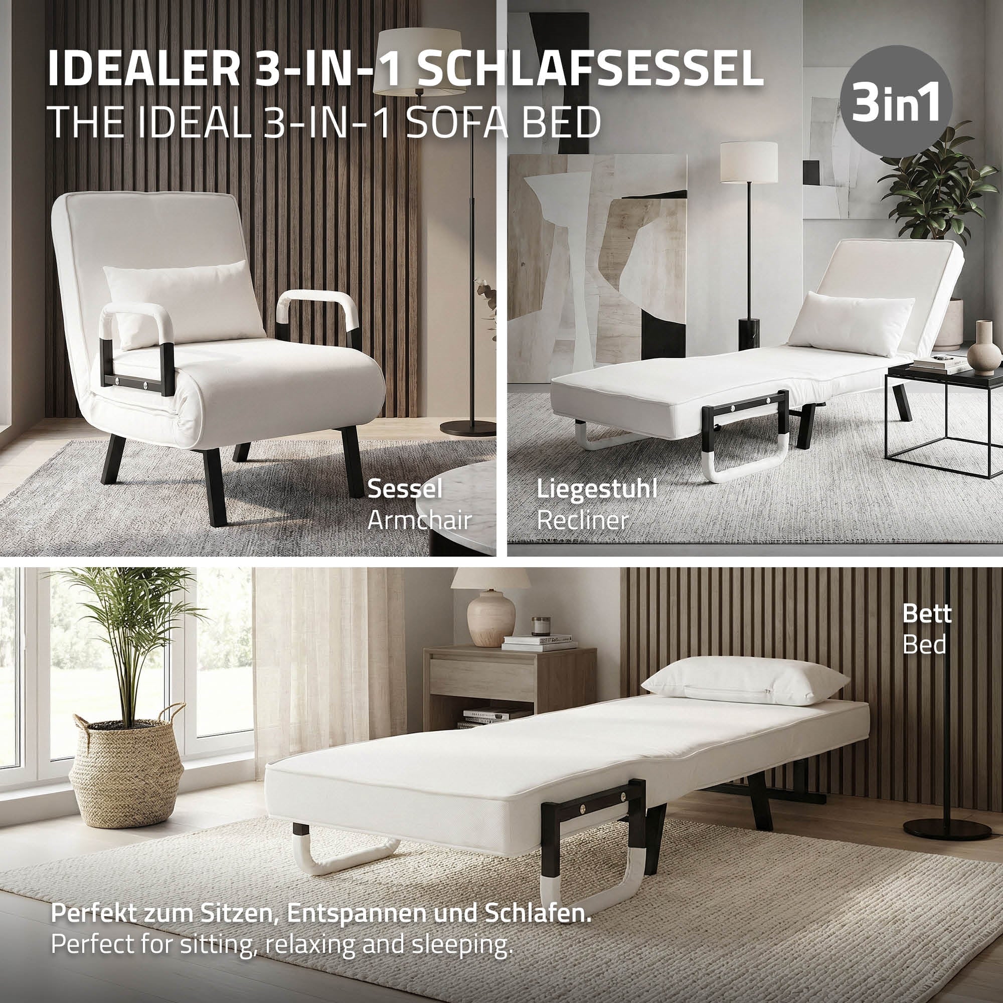 ECD Germany Meuble fauteuil-lit blanc 186x60 cm chenille acier