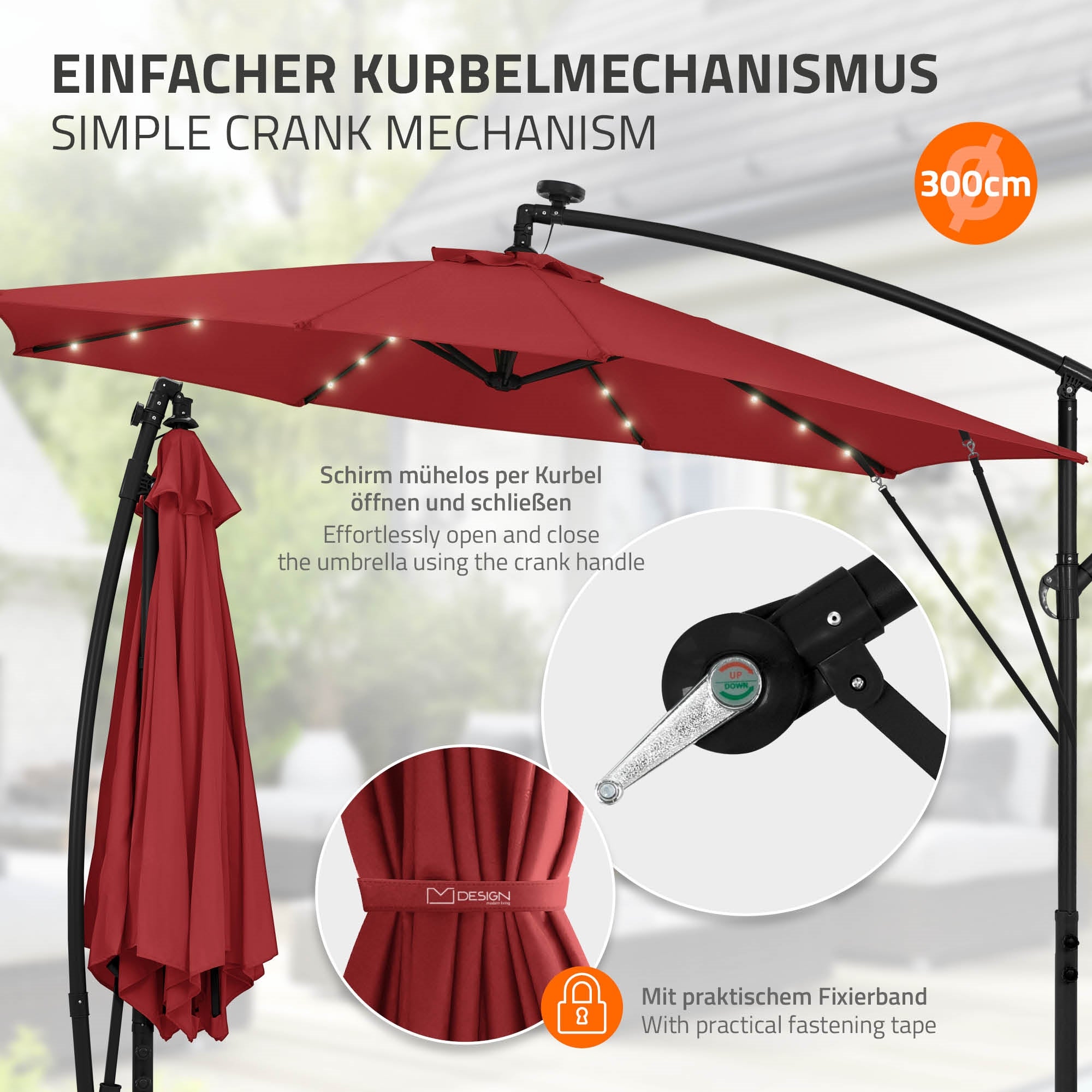 ECD Germany Garten parasol déporté Ø 300 cm rouge LED solaire