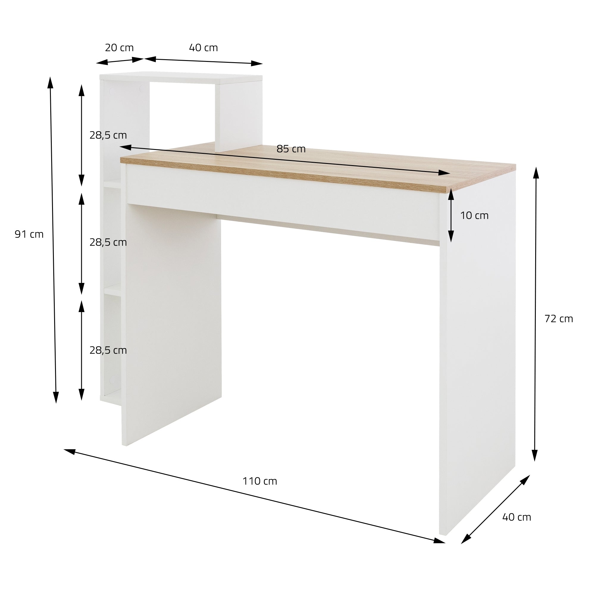 ECD Germany Möbel bureau blanc chêne sonoma 110 cm avec étagère