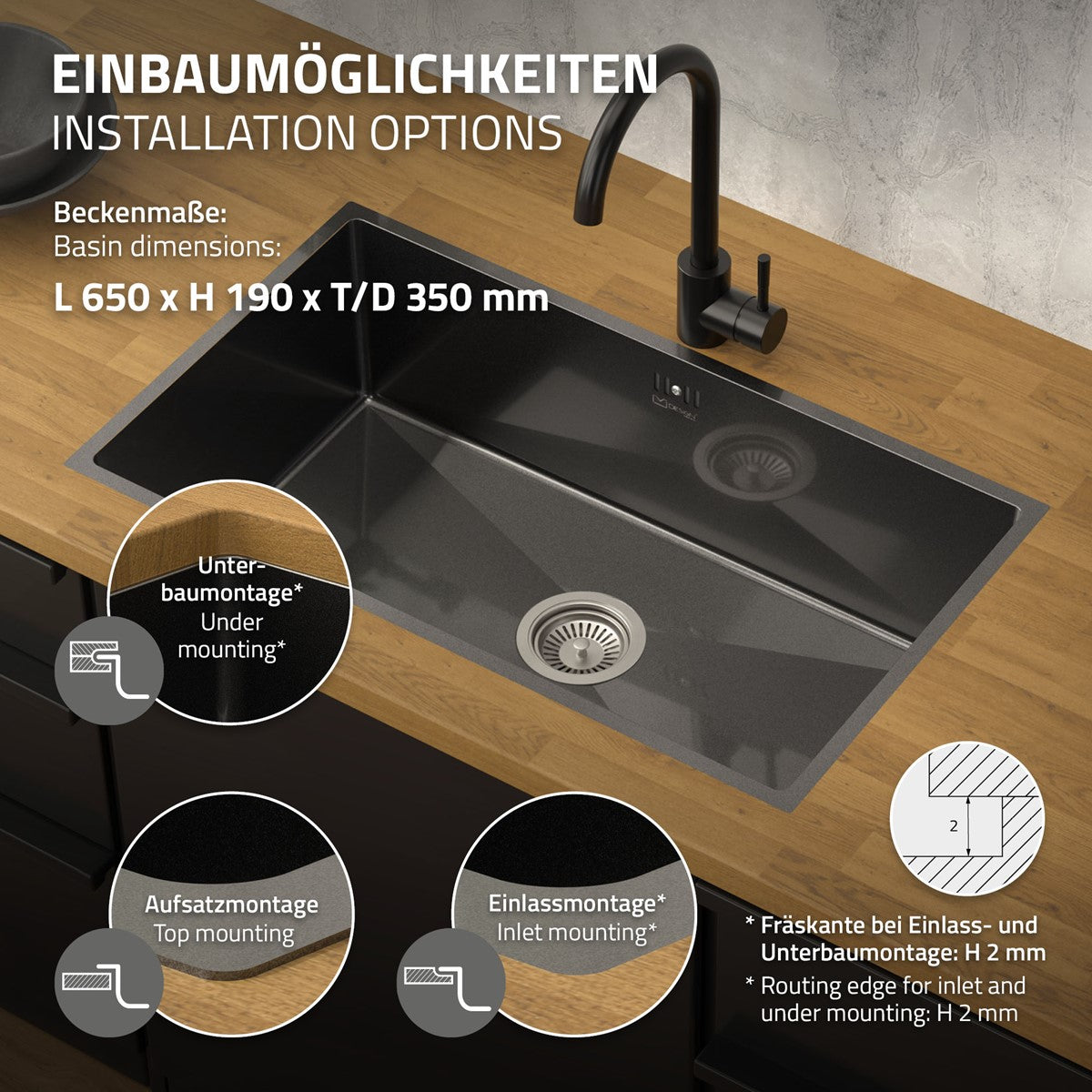 ECD Germany Sanitär évier encastrable 70x40 cm anthracite inox