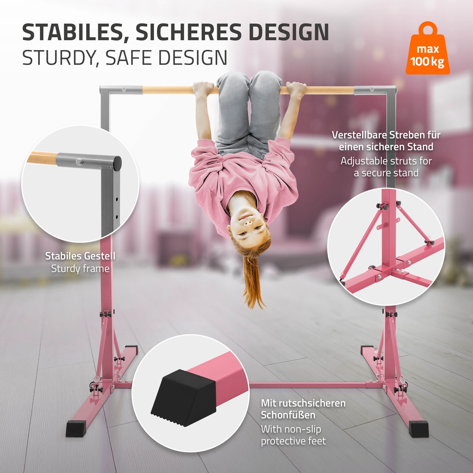 ECD Germany Kinder barre gymnastique enfant rose 95,5-150 cm