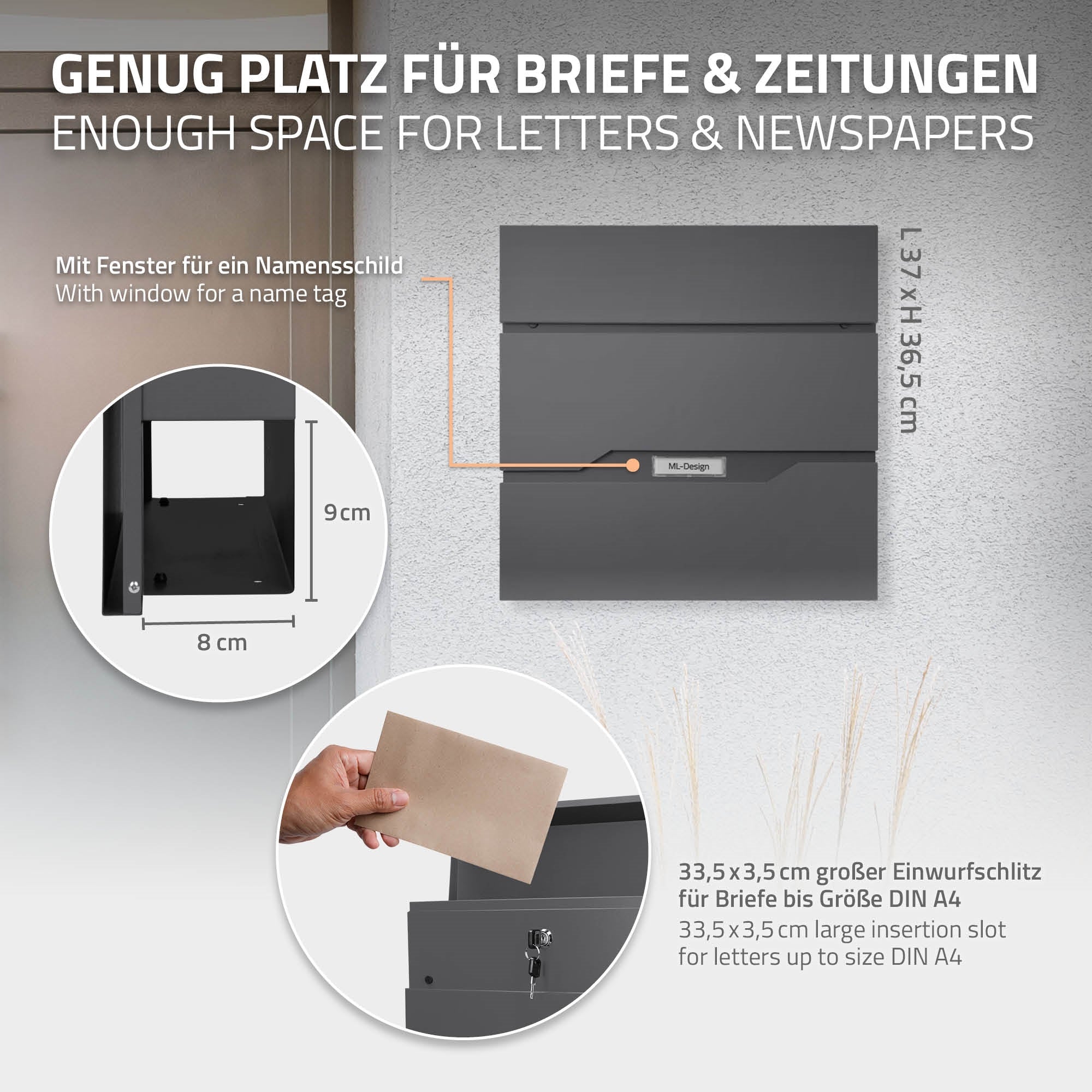 ECD Germany Boite aux lettres murale anthracite inox journal 37 cm
