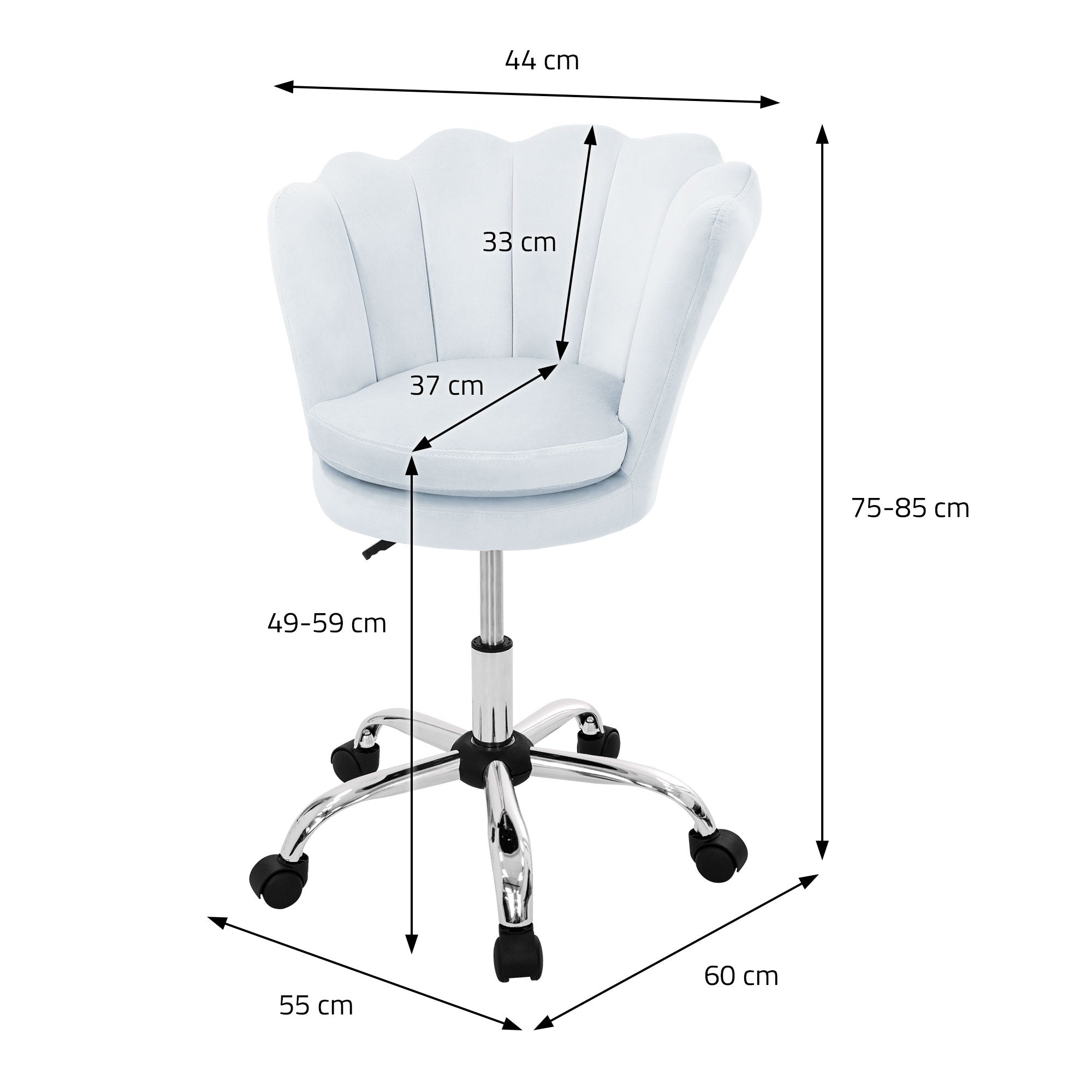 ECD Germany Chaise de bureau à roulettes coquillage 55x60 cm bleu clair