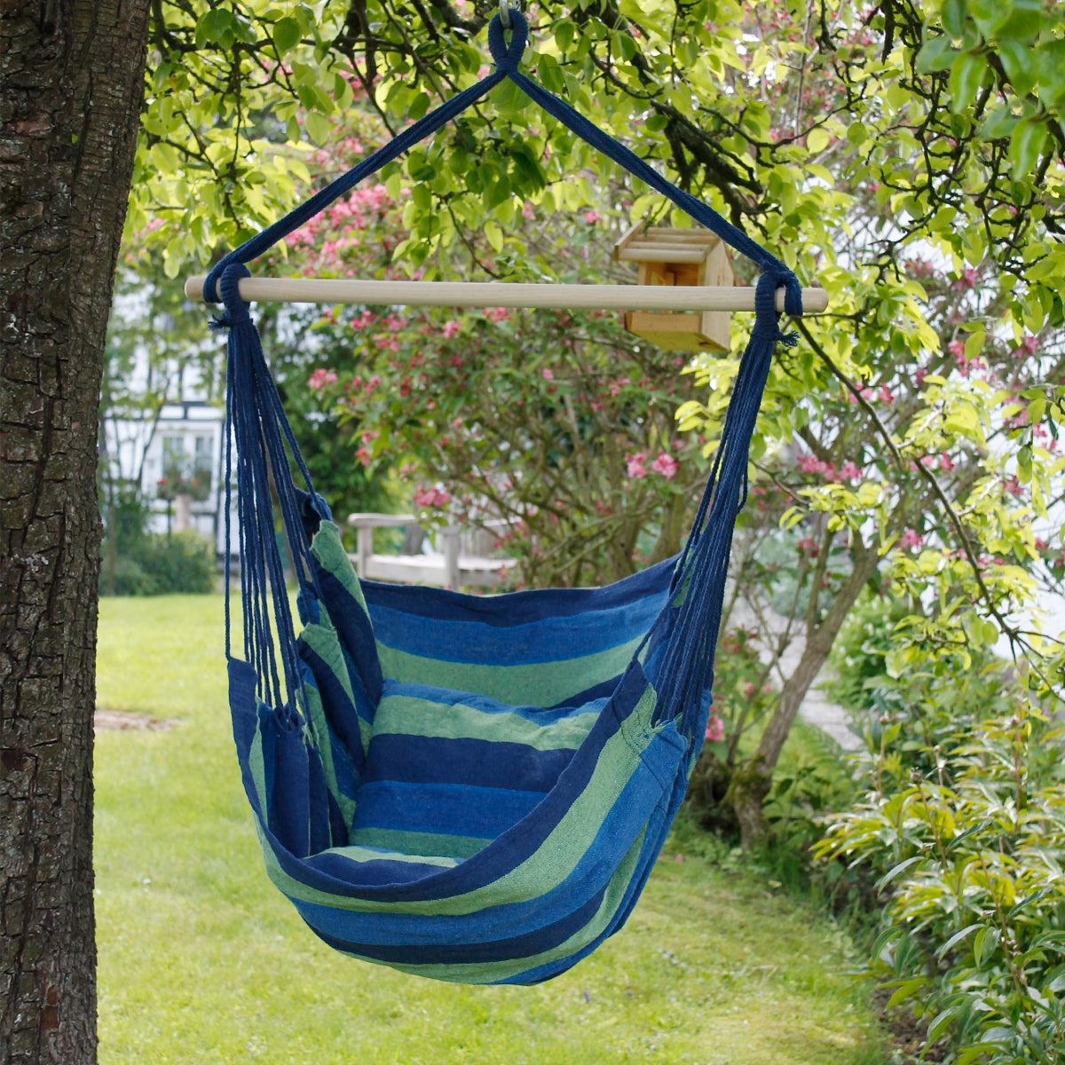 ECD Germany Sport fauteuil hamac suspendu coton bleu/vert avec support