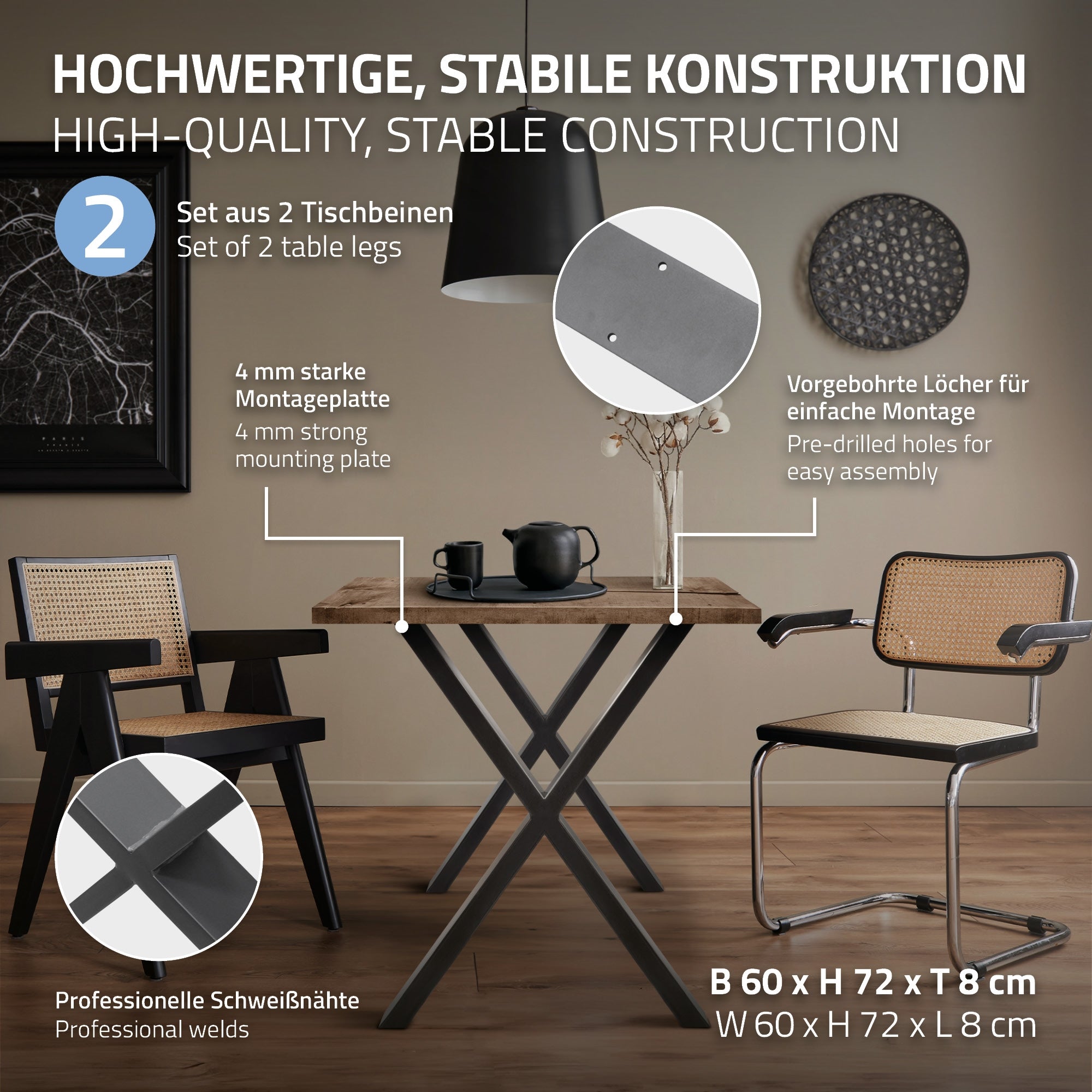 ECD Germany pieds table X-Design 60x72 cm anthracite lot 2