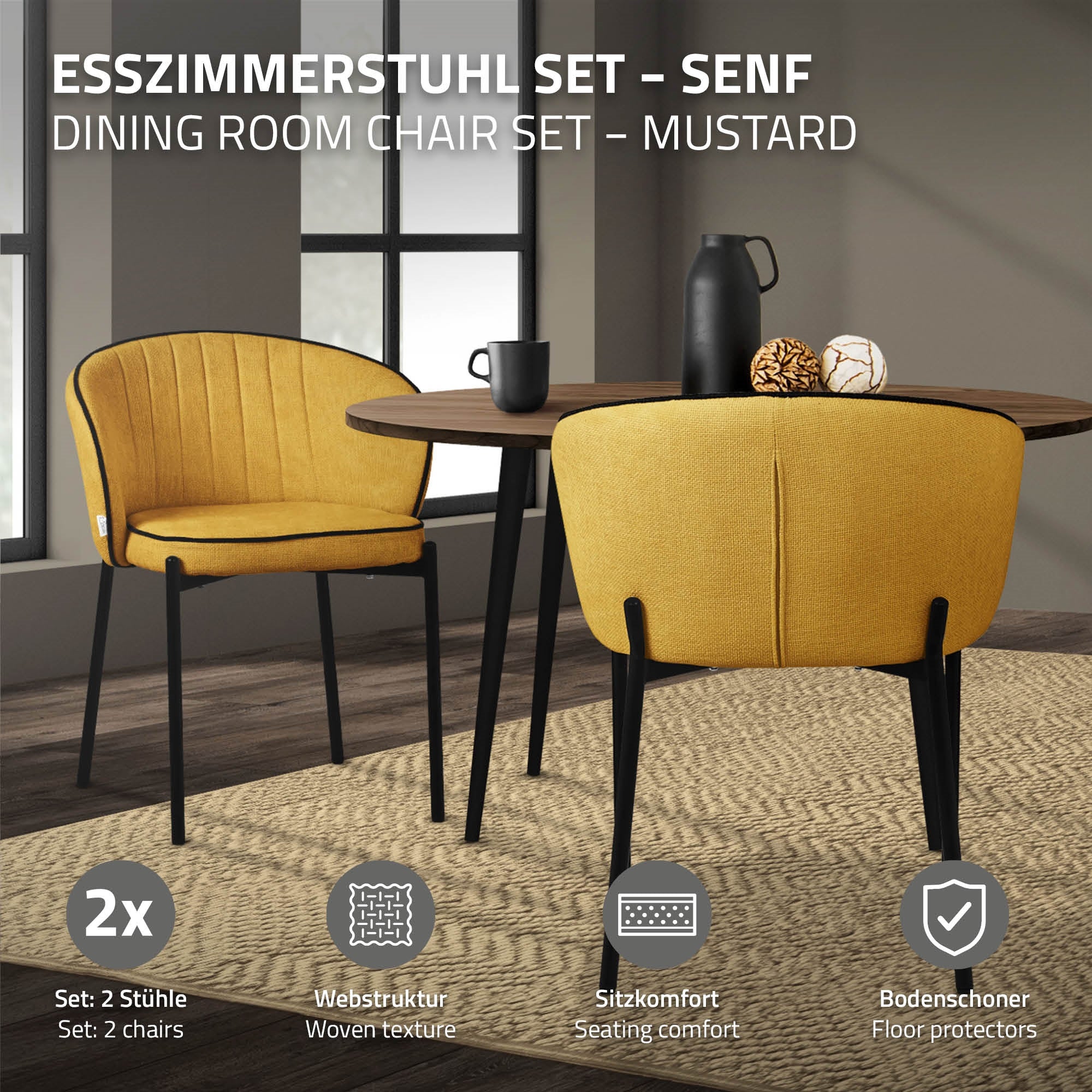 ECD Germany Möbel lot 2 chaises moutarde pieds métal