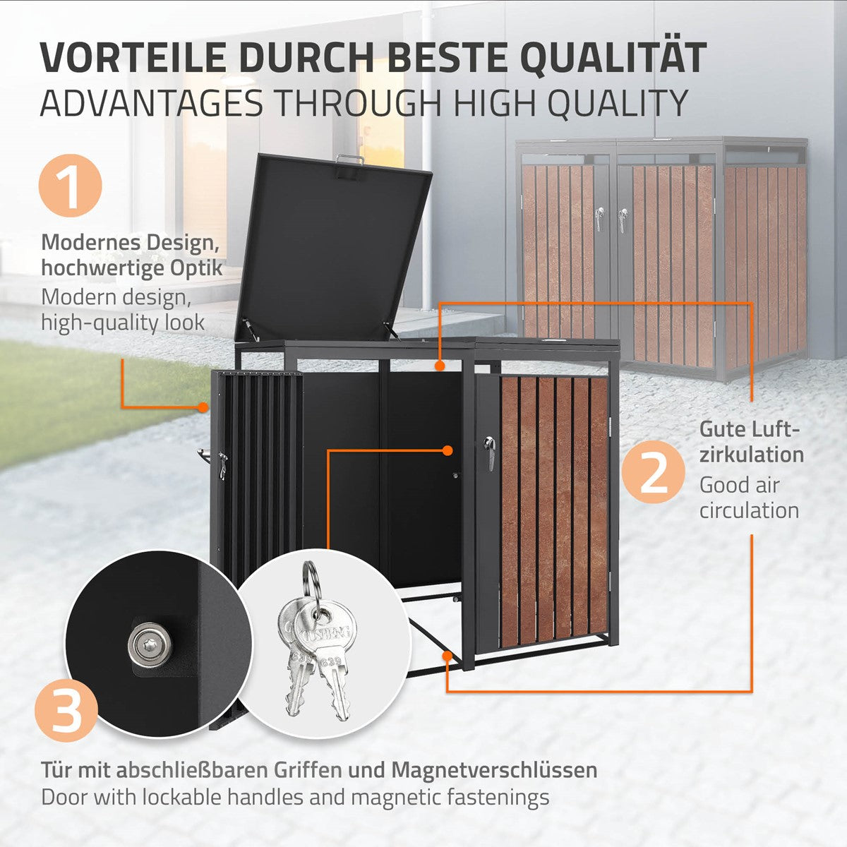 ECD Germany cache-poubelles acier rouille 3x240L 200 cm