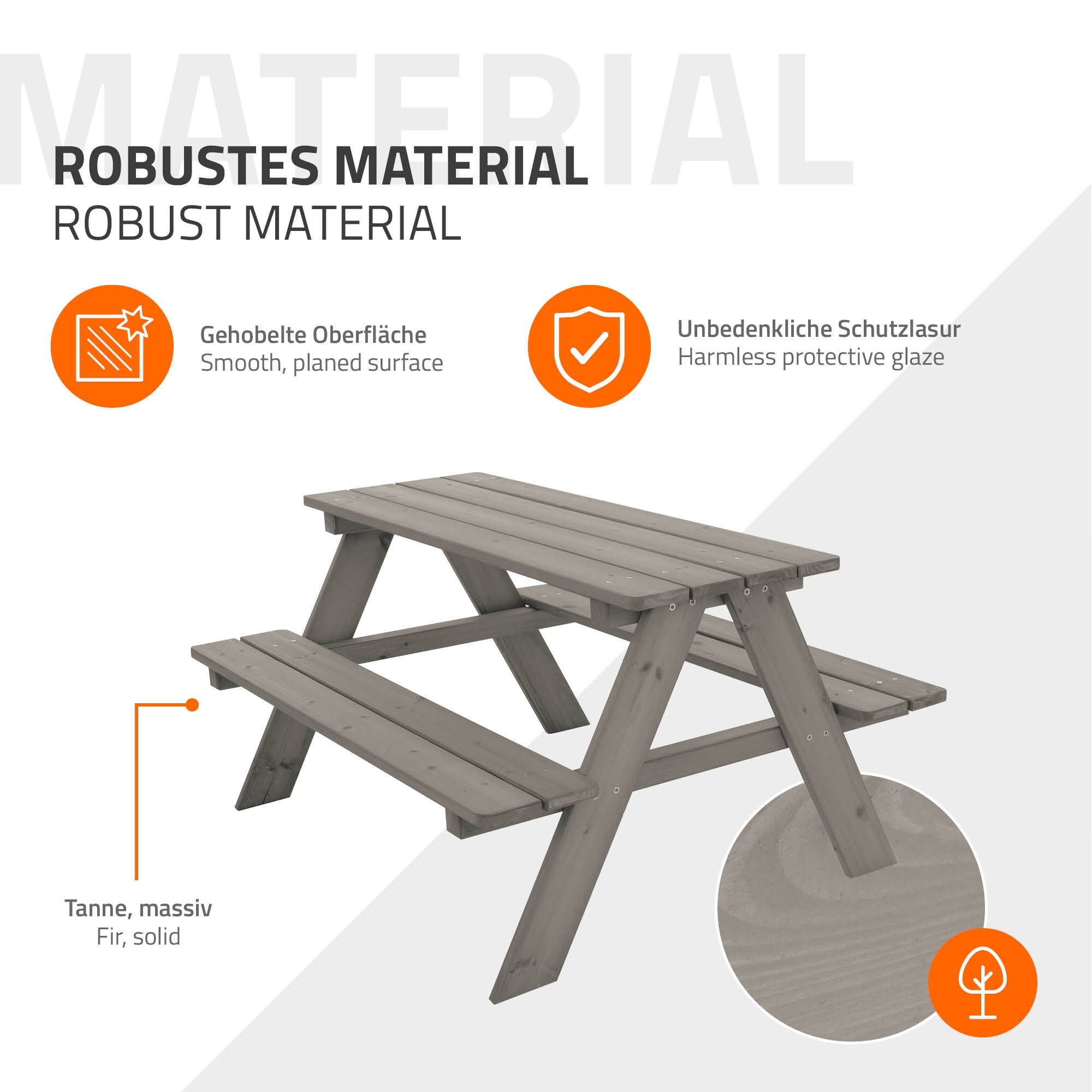 ML-Design table pique-nique enfant bois massif 4 places marron / gris