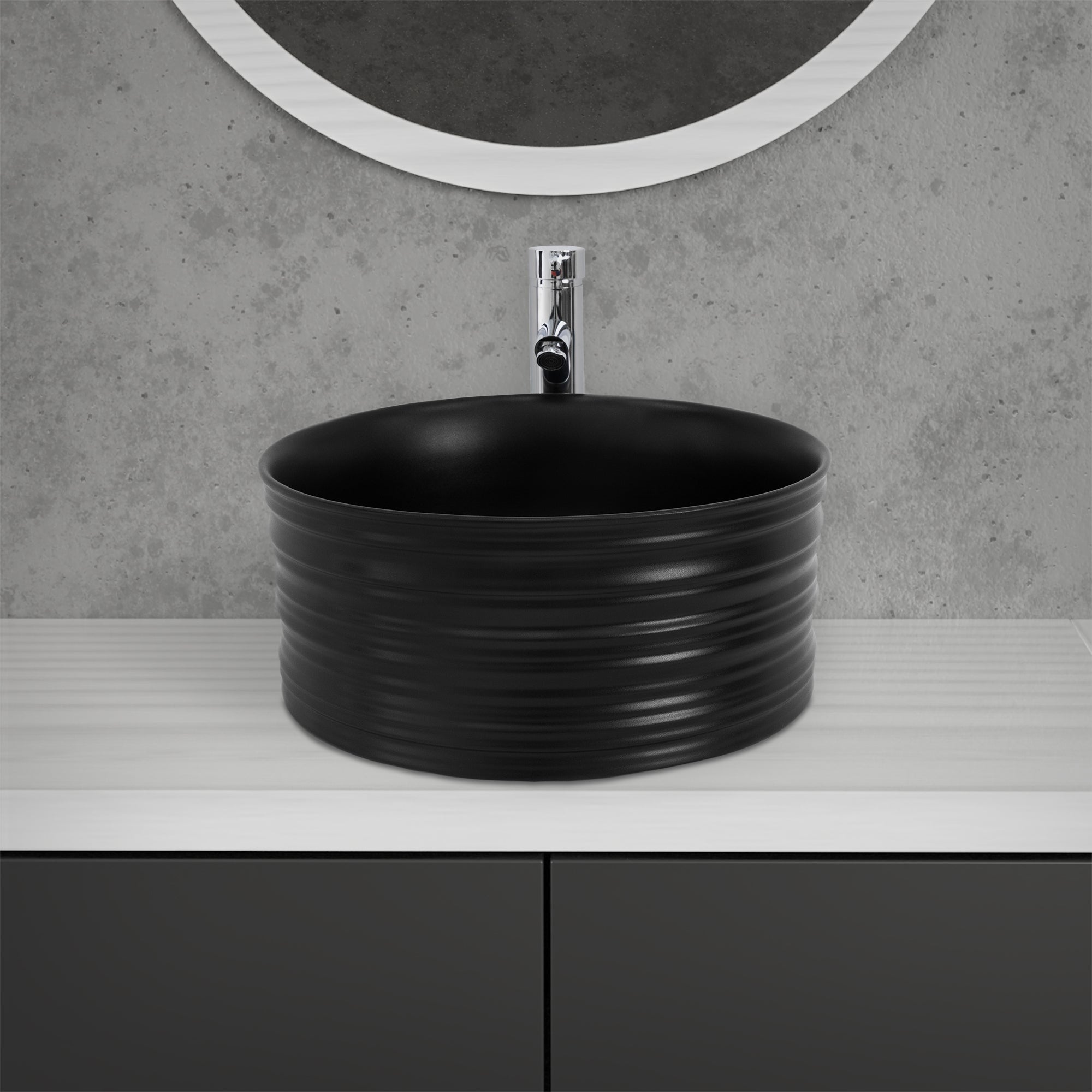 ECD Lavabo noir céramique Ø41x18 cm avec bonde sans trop-plein