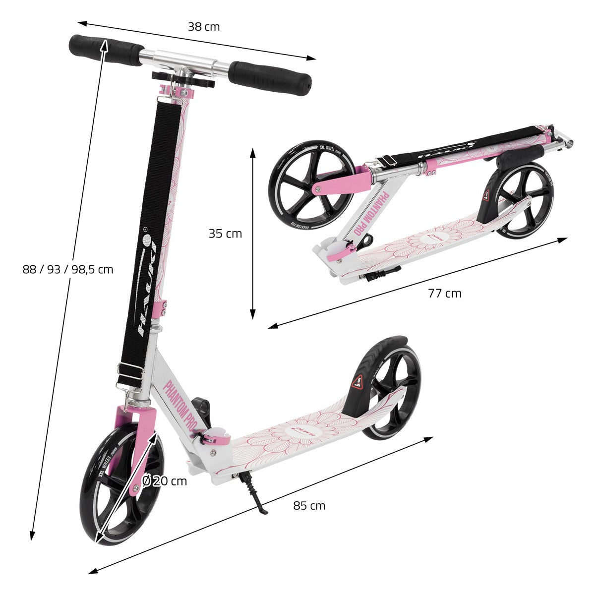 Hauki trottinette city rose pliable roues XXL 20 cm adulte enfant