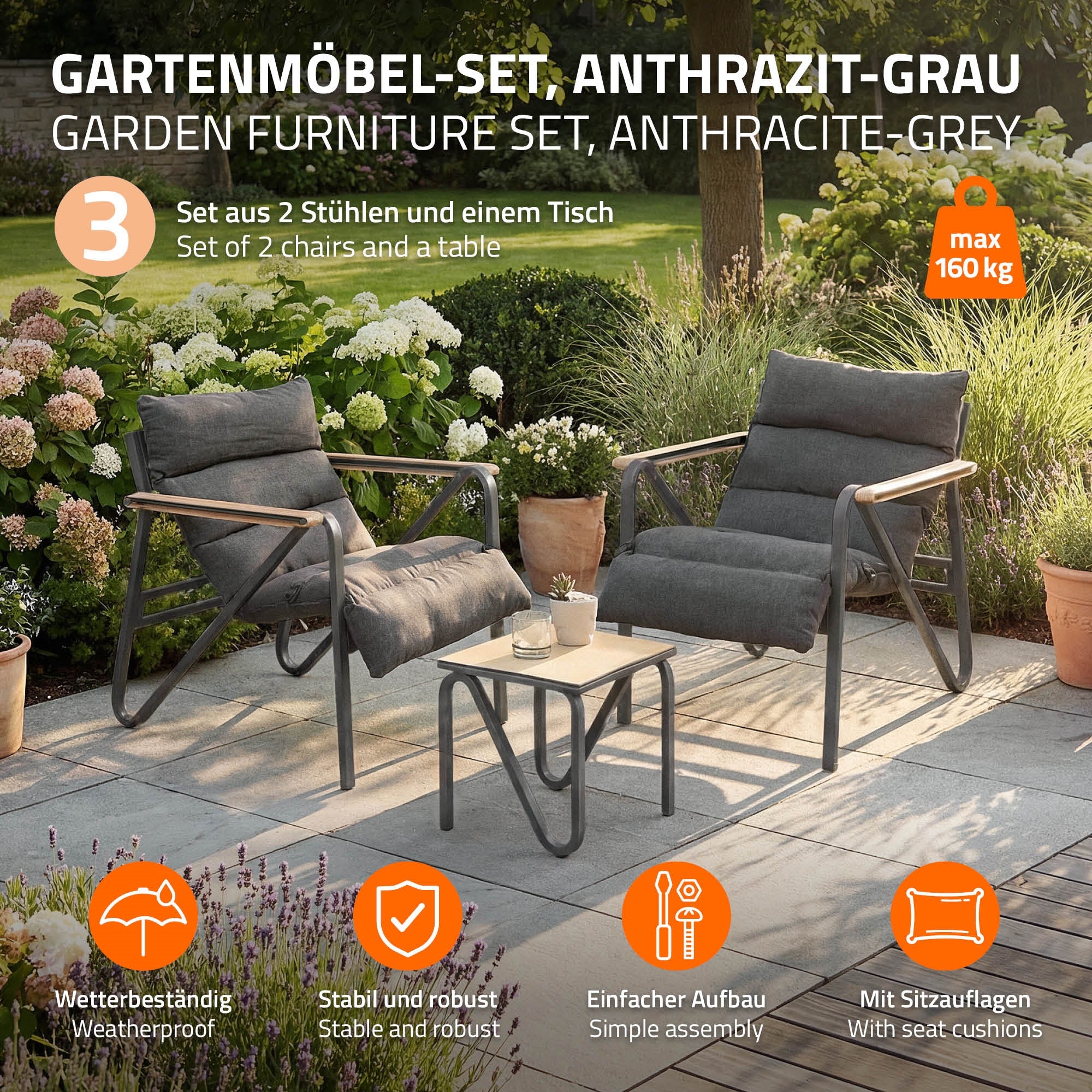 ECD Germany Garten salon de jardin 3 pièces anthracite coussins