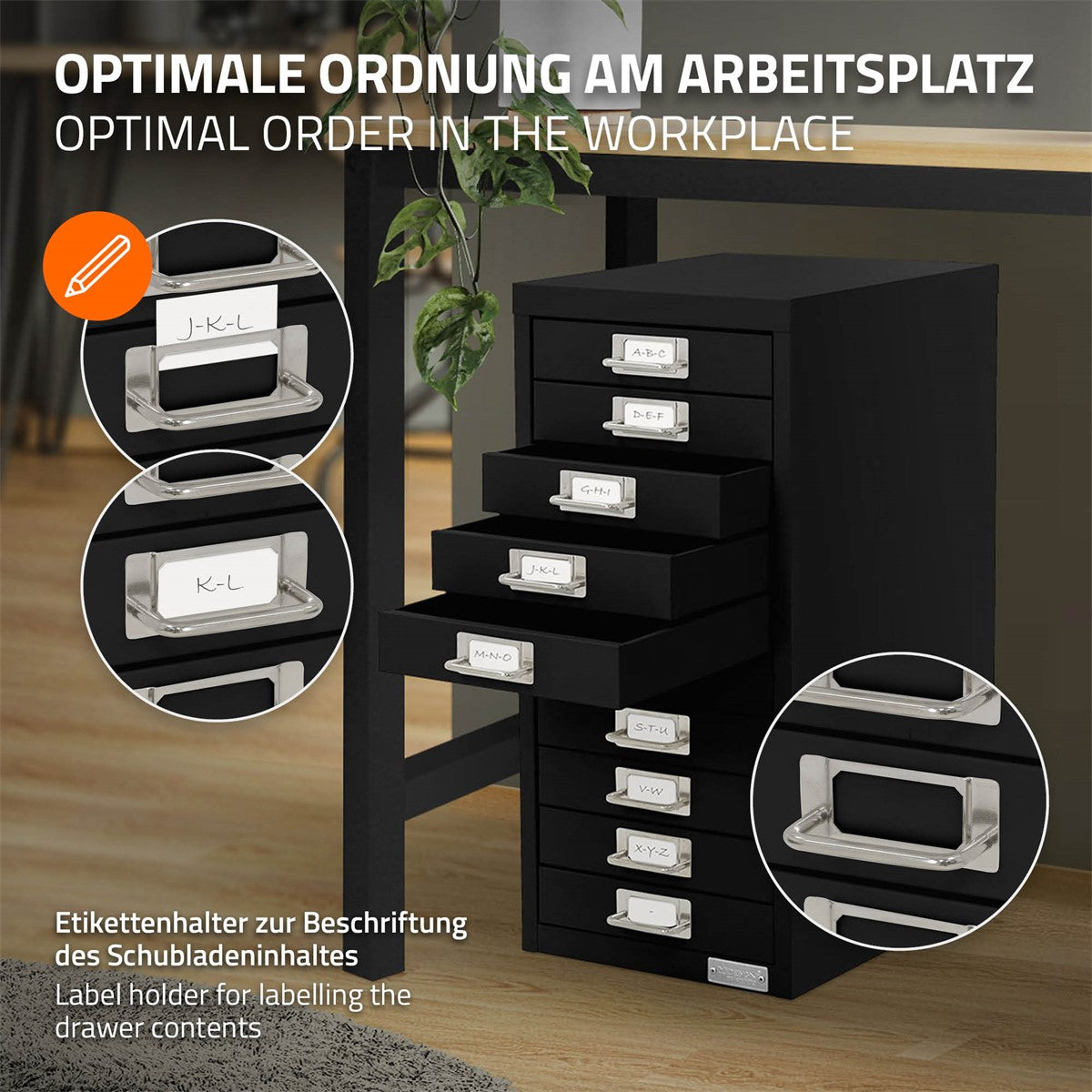 ECD Germany Caisson 10 Tiroirs Bureau Acier Noir 28x38x60 cm