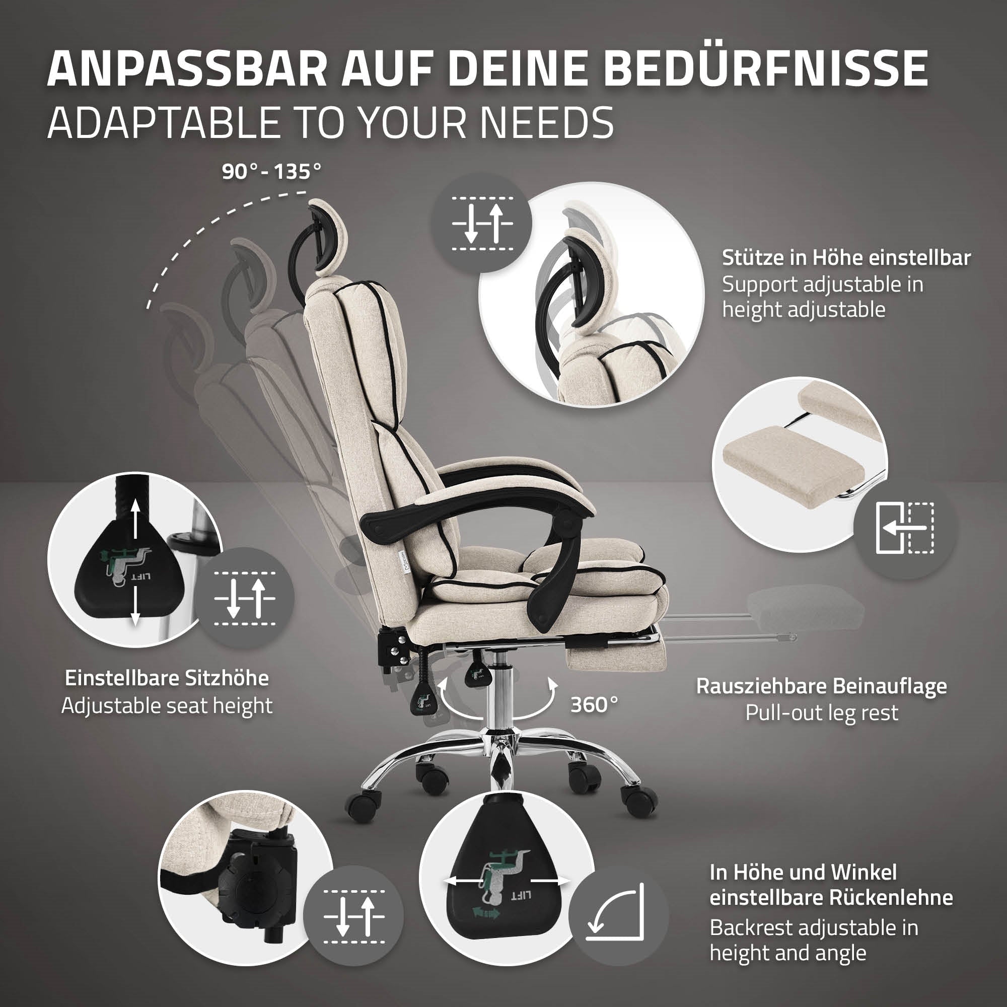 ECD ML-Design fauteuil de bureau beige réglable repose-pieds