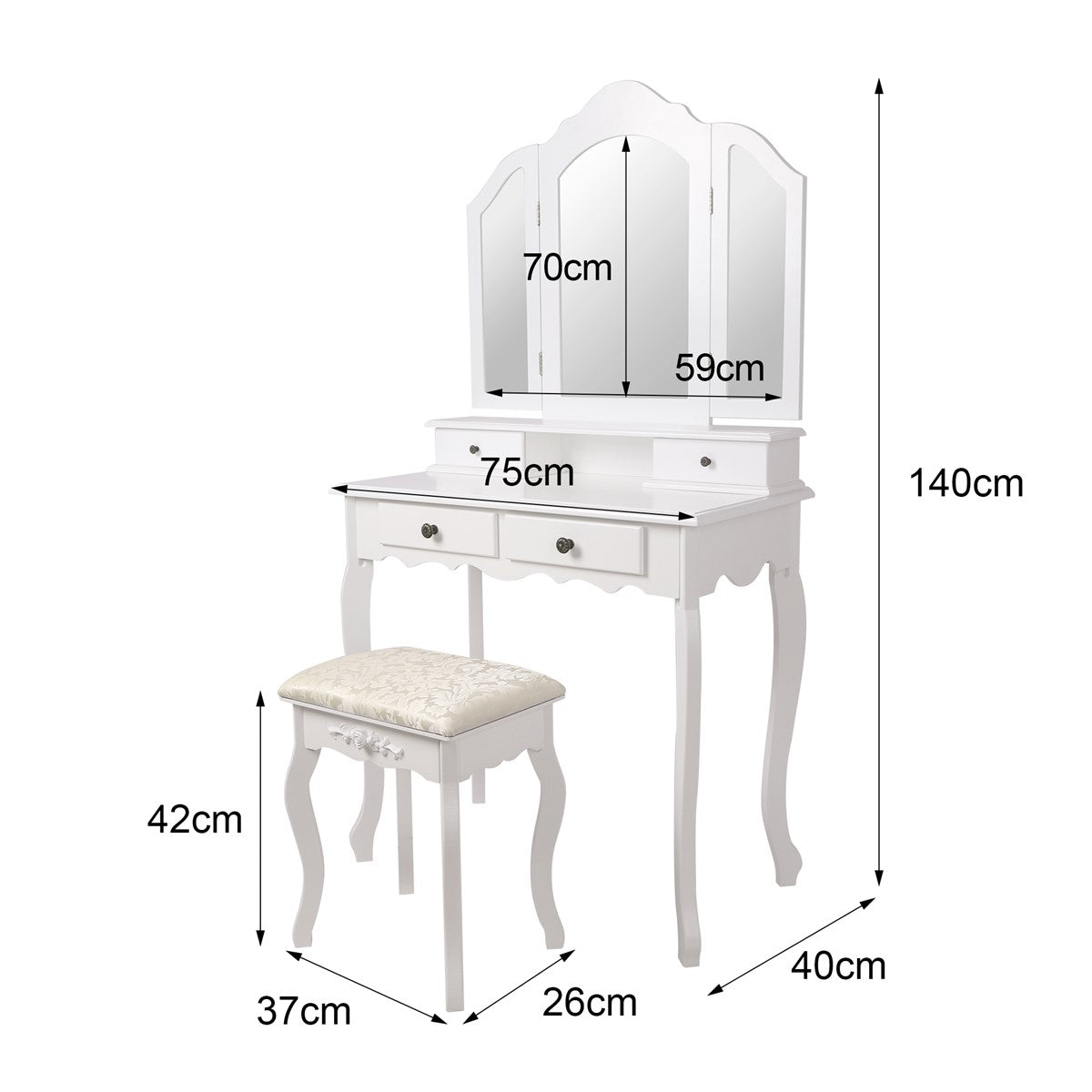 ECD Germany Möbel ML-Design coiffeuse blanche avec miroir + tabouret