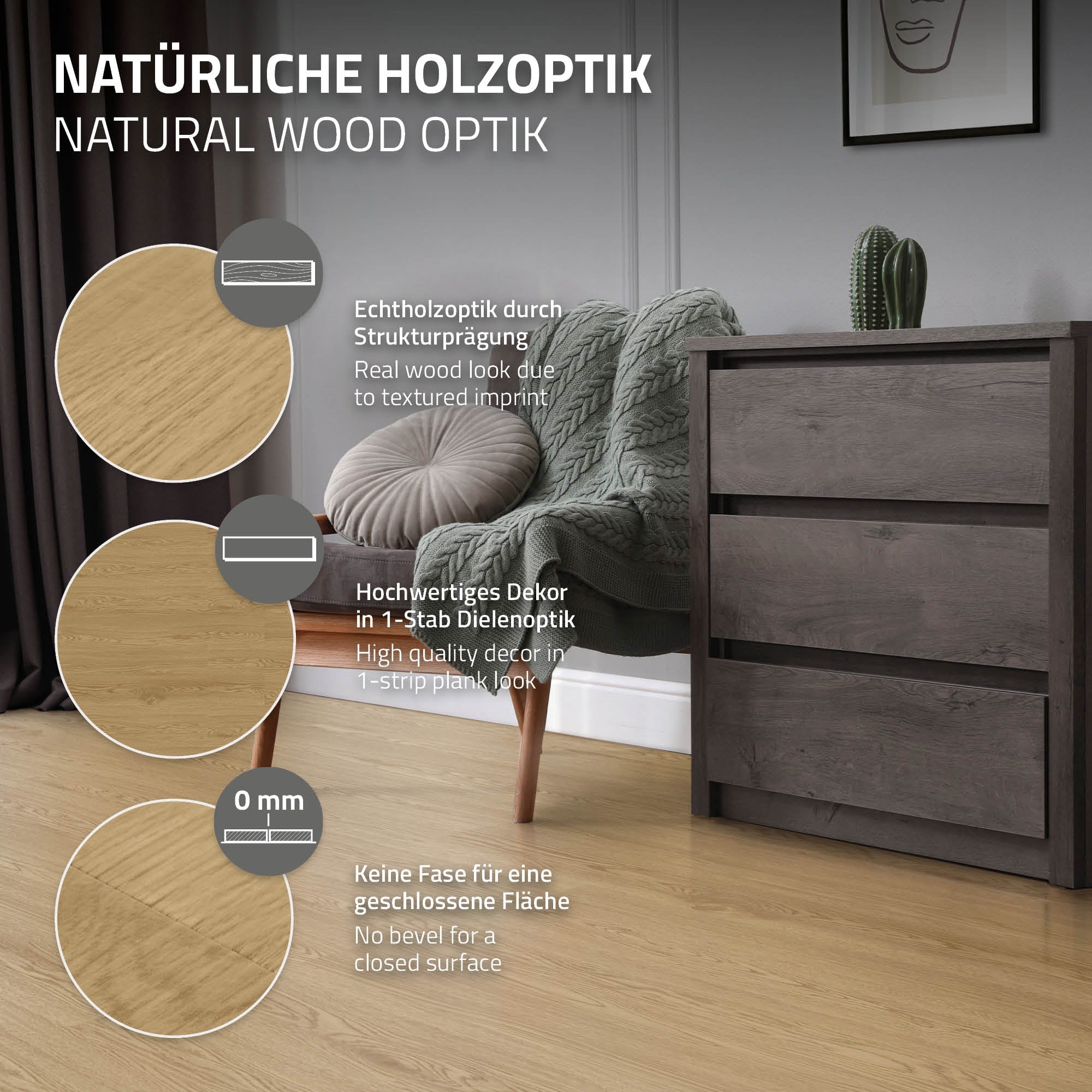 ECD Germany sol vinyle chêne naturel adhésif 2 mm lot 8,92 m²