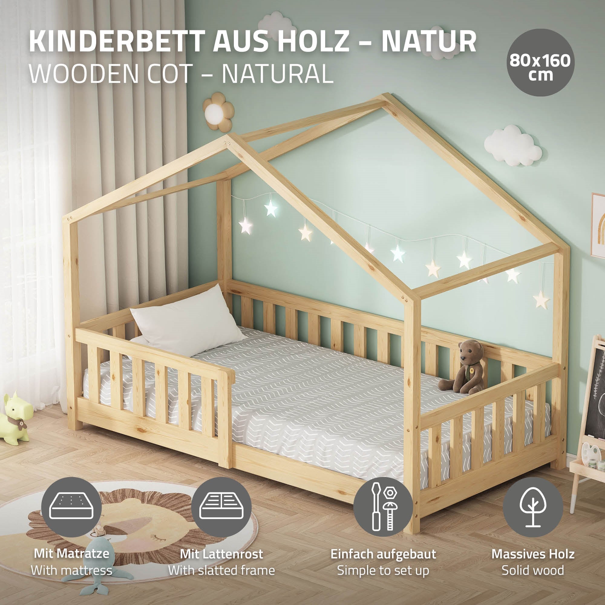 ECD Germany Kinder lit cabane 80x160 nature avec matelas 10 cm