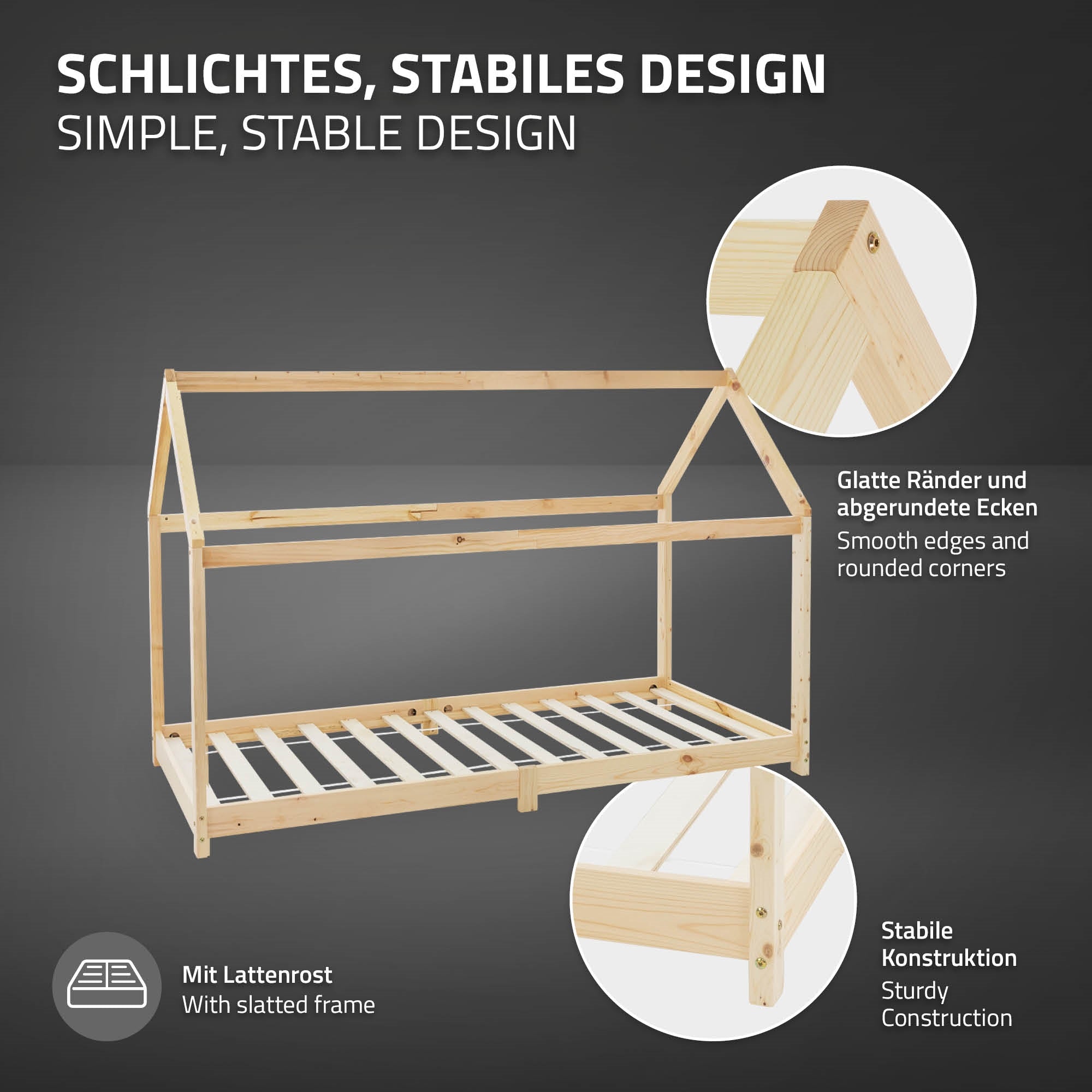 ECD Germany Kinder lit cabane 90x200 pin avec toit