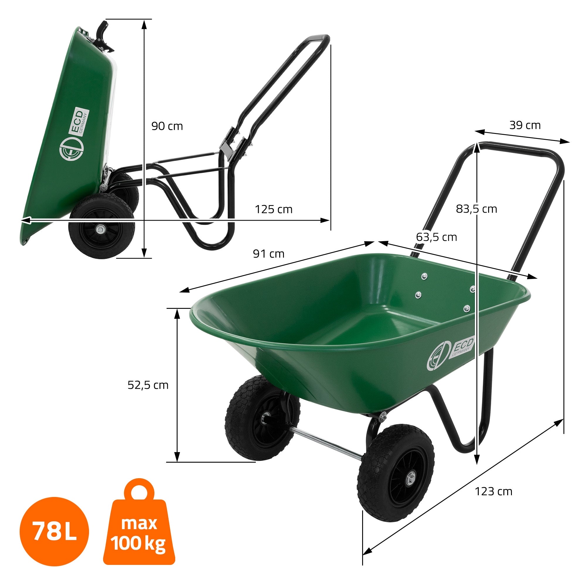 ECD Germany Garten chariot jardin 78L basculant 100 kg