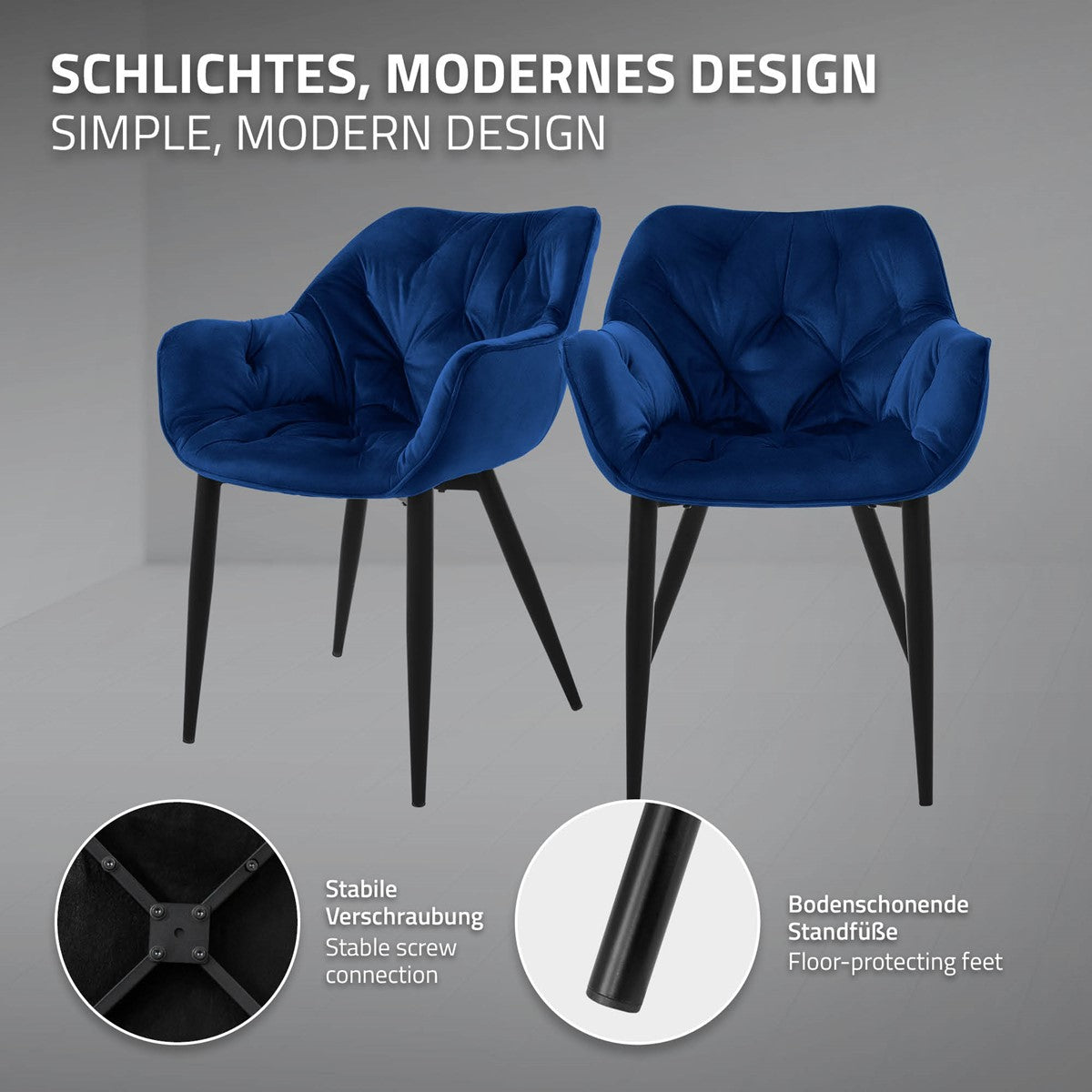 ECD Germany ML-Design lot 6 chaises velours bleu nuit