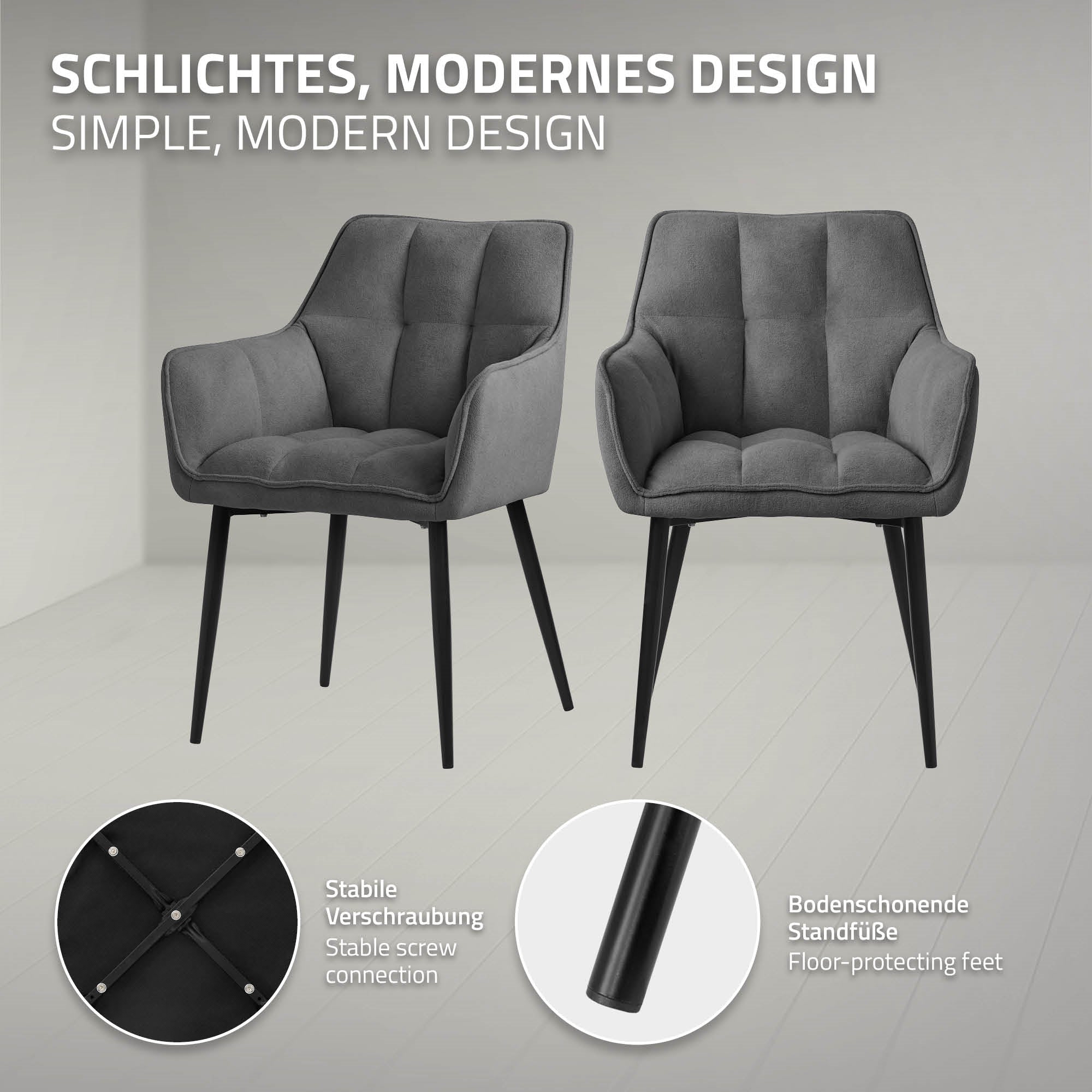 ECD Germany Möbel Chaise salle à manger gris foncé tissu bouclette