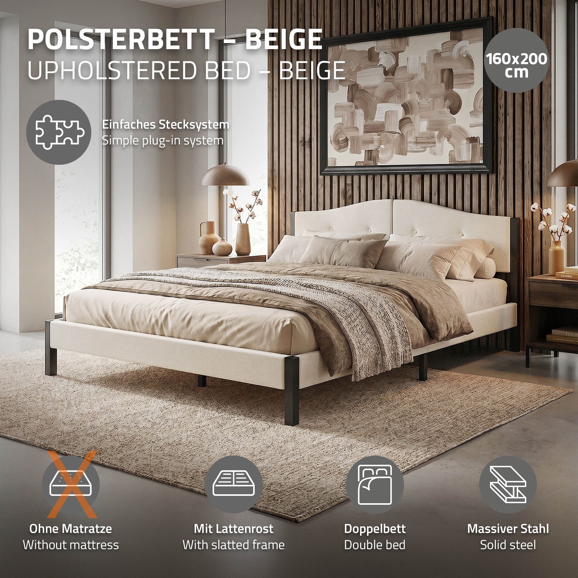 ML-Design 160x200 cm lit capitonné beige avec sommier