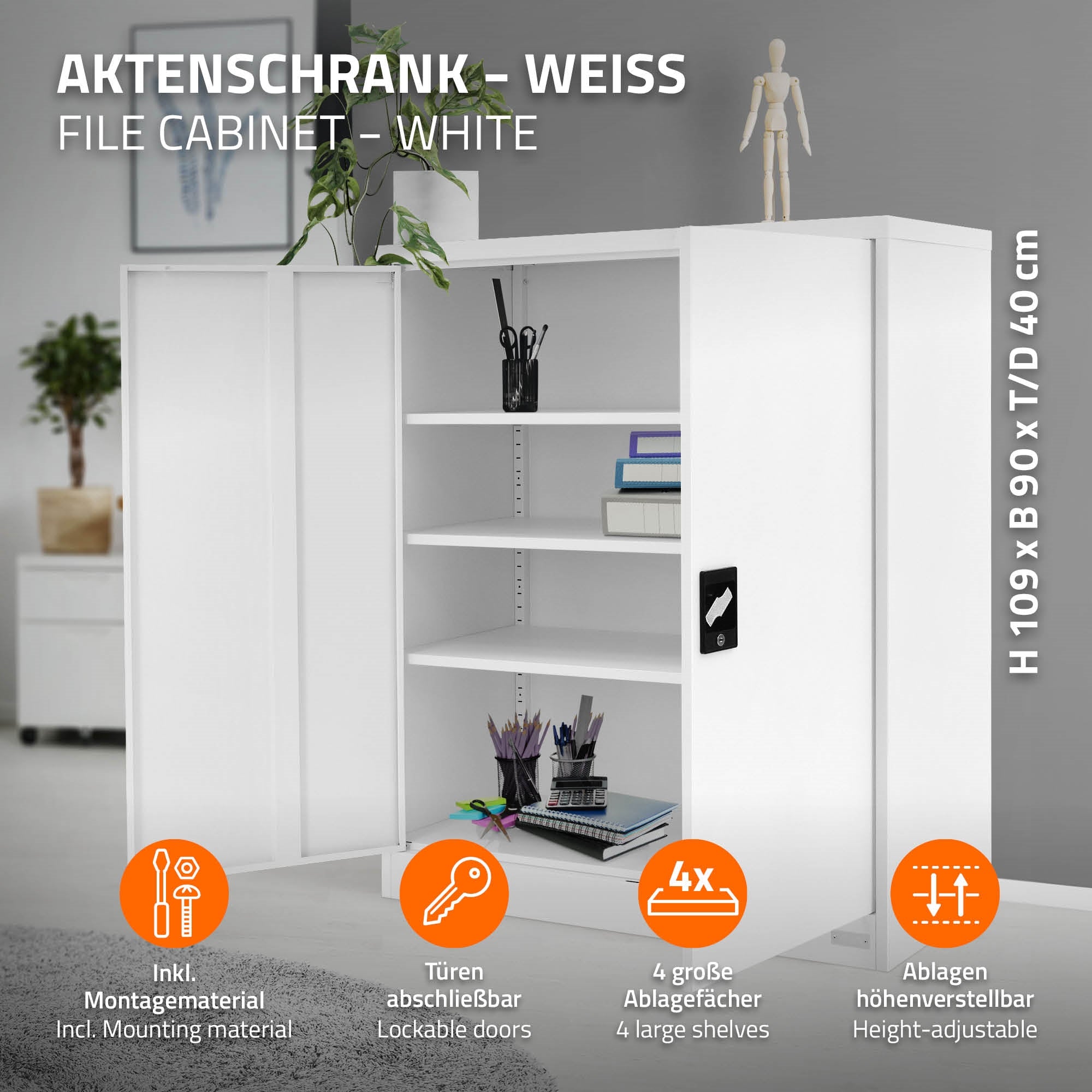 ML-Design 90x40x109 armoire de bureau acier blanc verrouillable