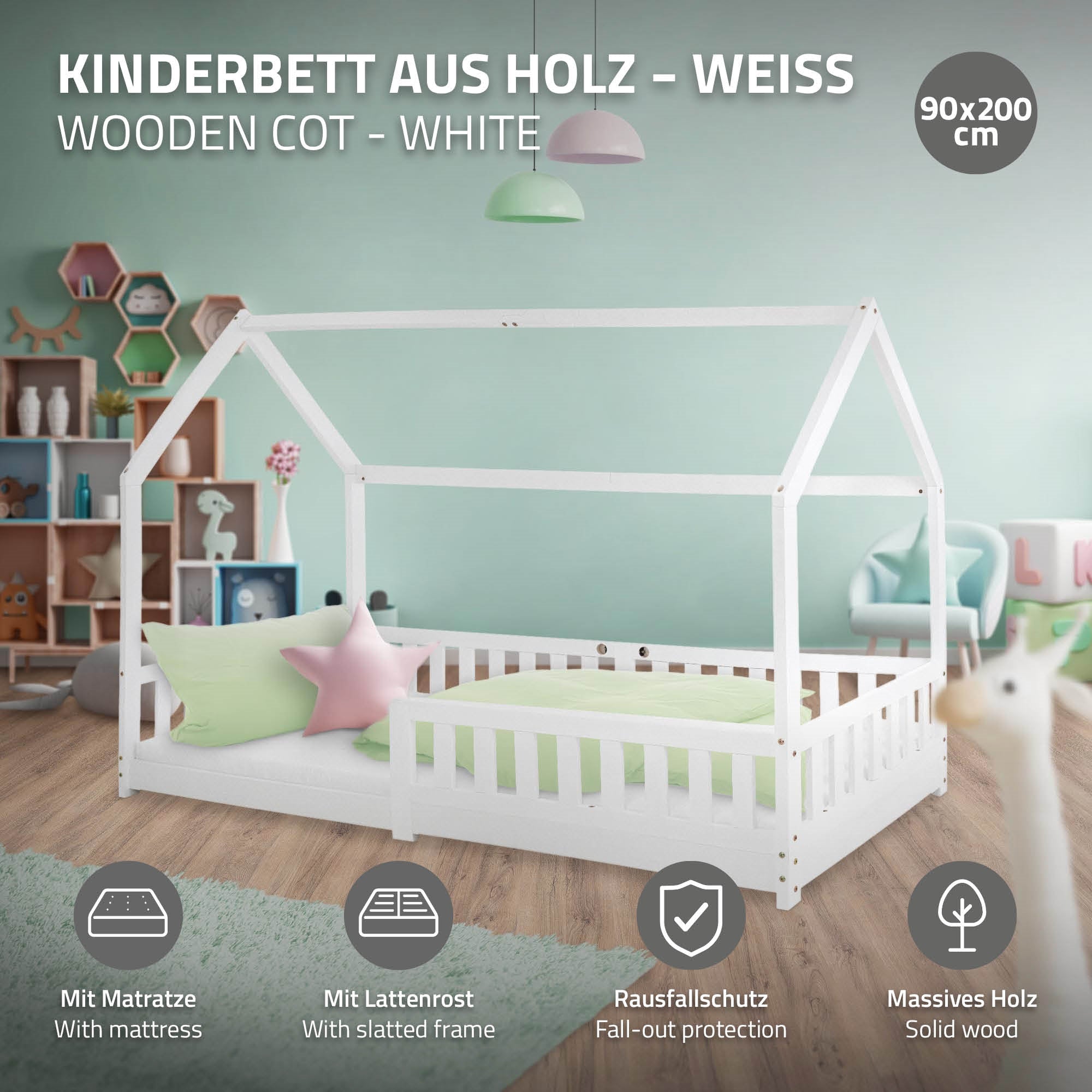 ECD Germany Kinder lit cabane 90x200 blanc + matelas 16cm
