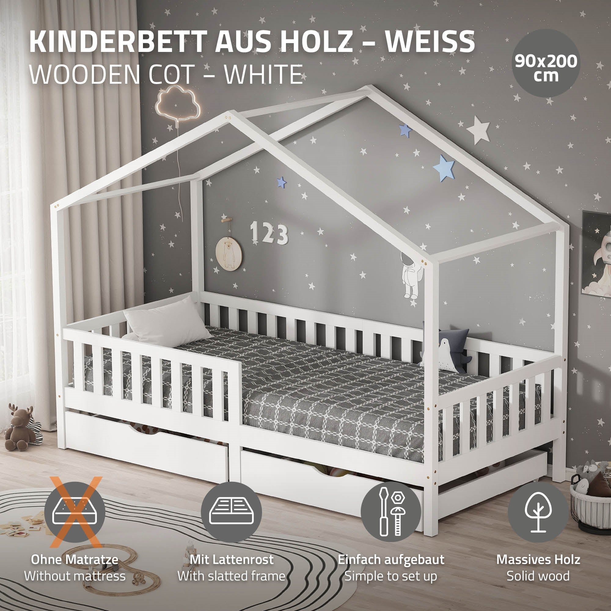 ECD Germany Kinder lit cabane 90x200 blanc 2 tiroirs pin
