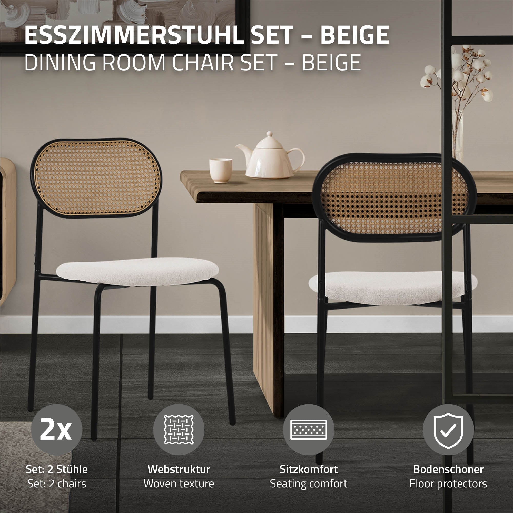 ECD Germany ML-Design chaise salle à manger beige rotin lot de 2