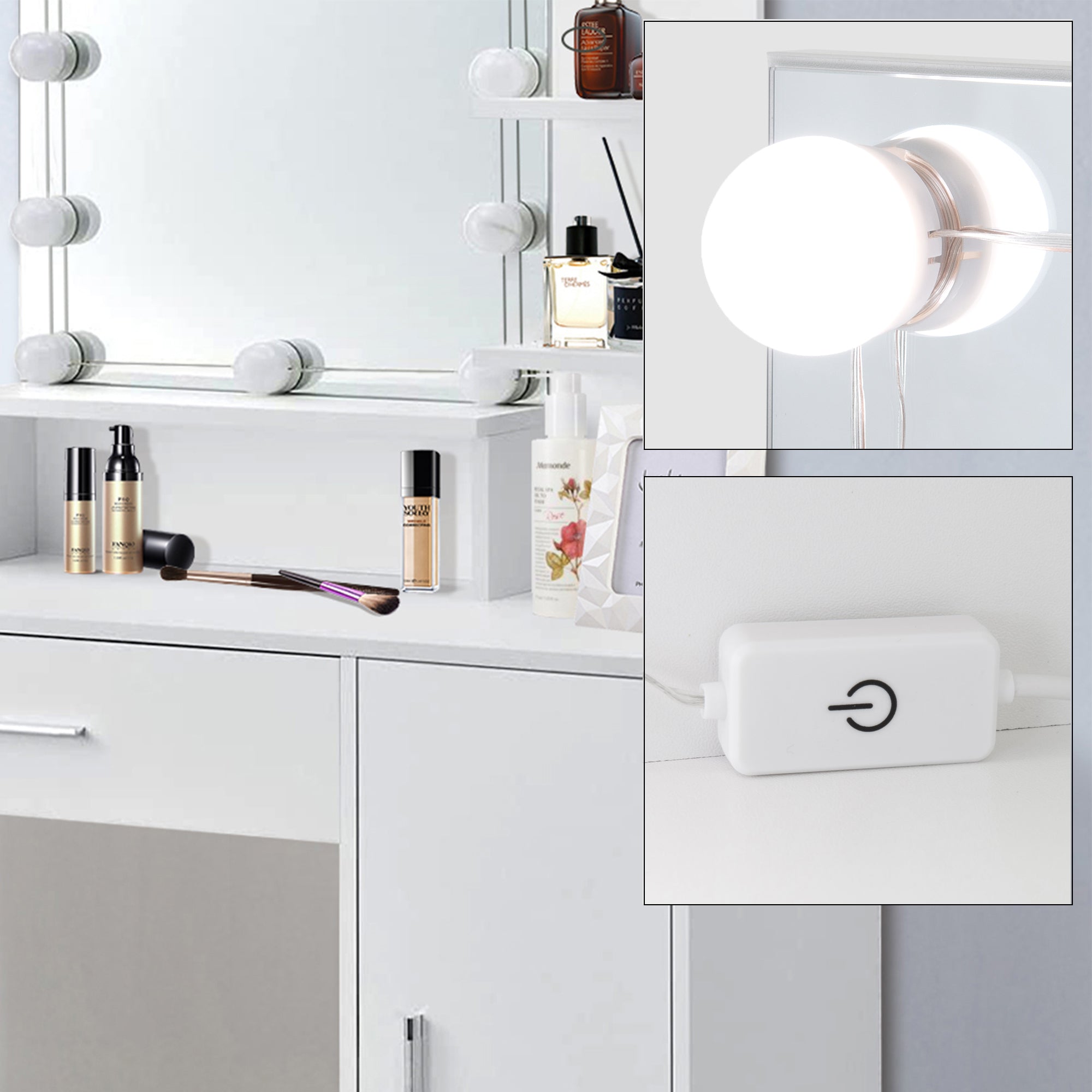 ML-Design Coiffeuse blanche LED 90 cm avec miroir et armoire