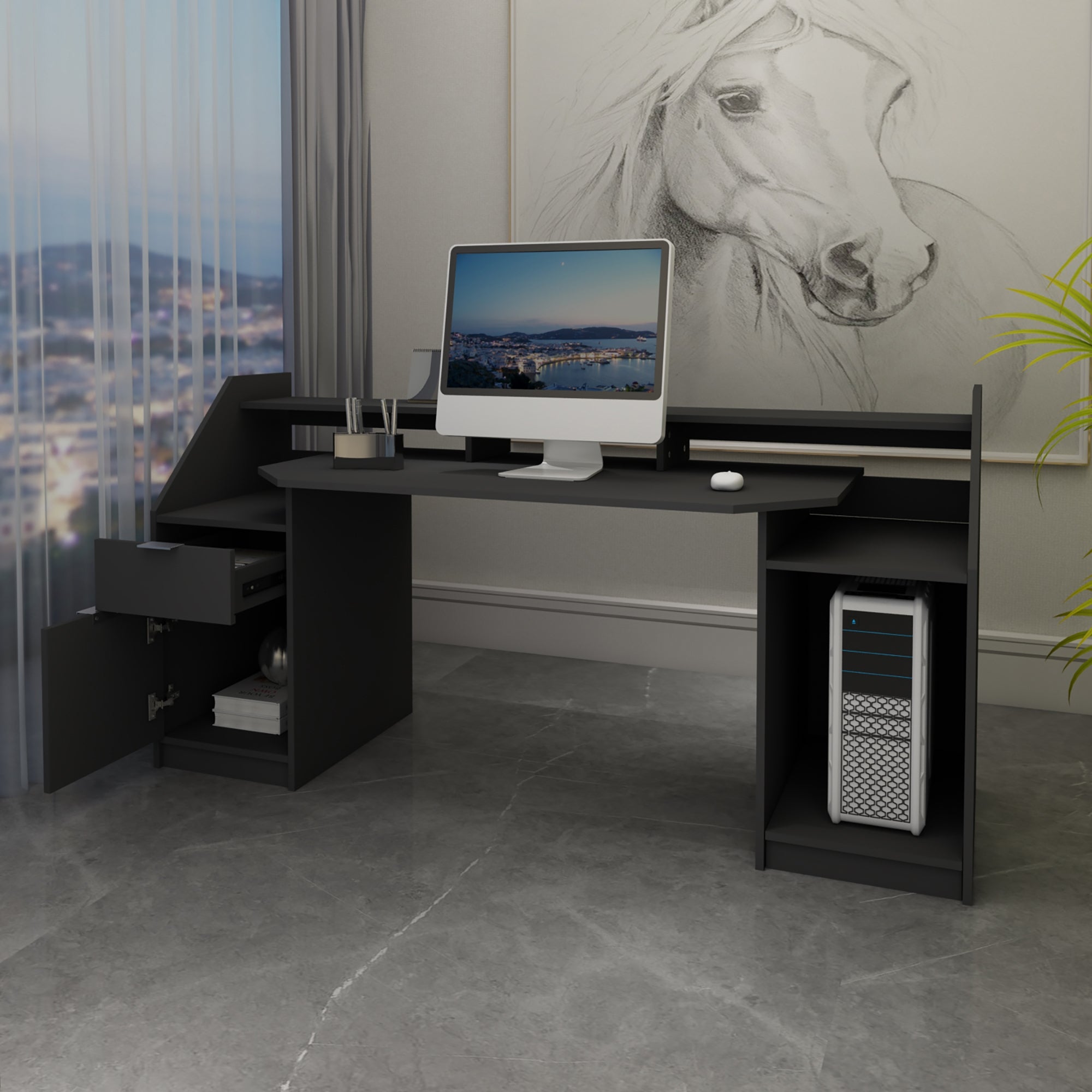ECD Germany Möbel Bureau Noir Tiroir 179,8 cm MDF