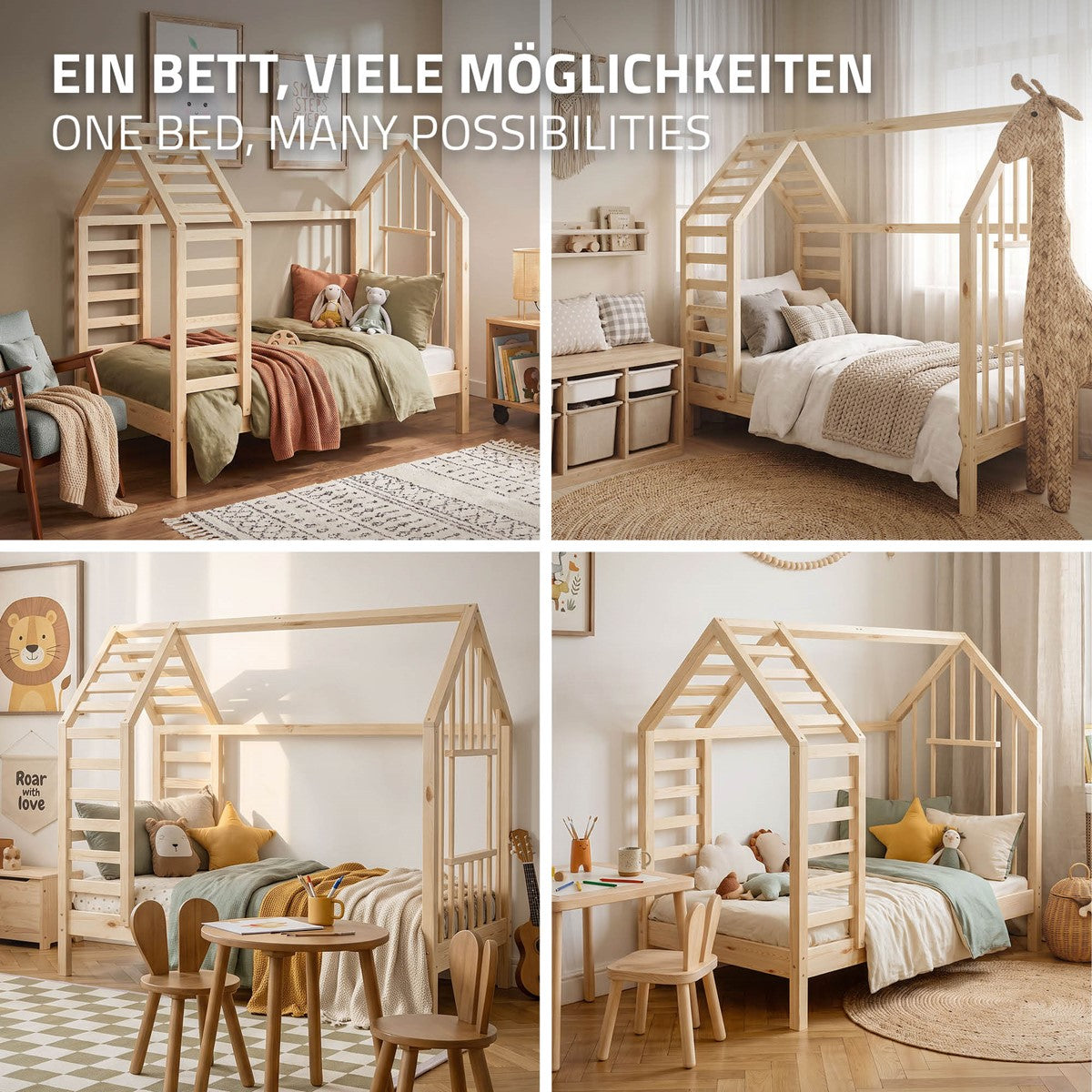 ECD Germany Kinder lit cabane 70x140 cm pin naturel avec sommier