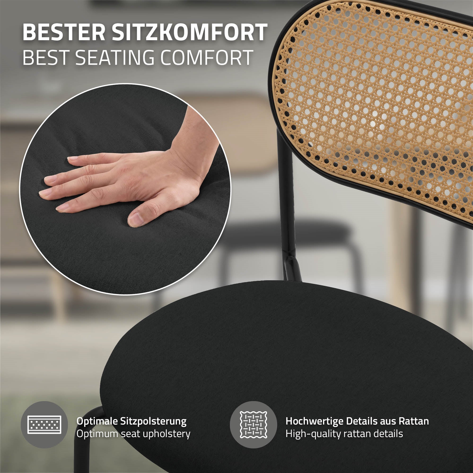 ECD Germany Möbel lot 2 chaises noires rotin 46 cm