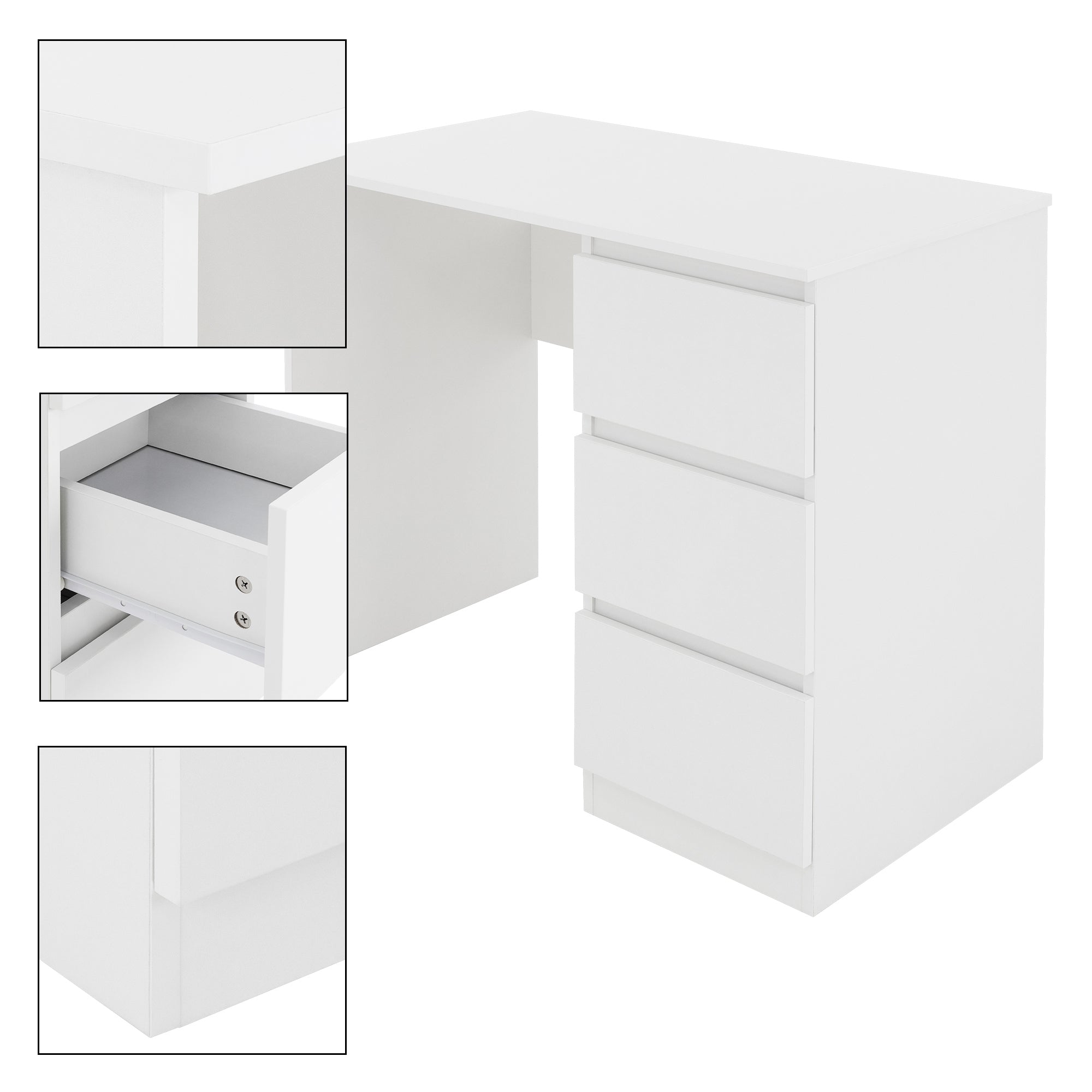 ECD Germany Möbel 90x76x50 bureau blanc mat 3 tiroirs bois