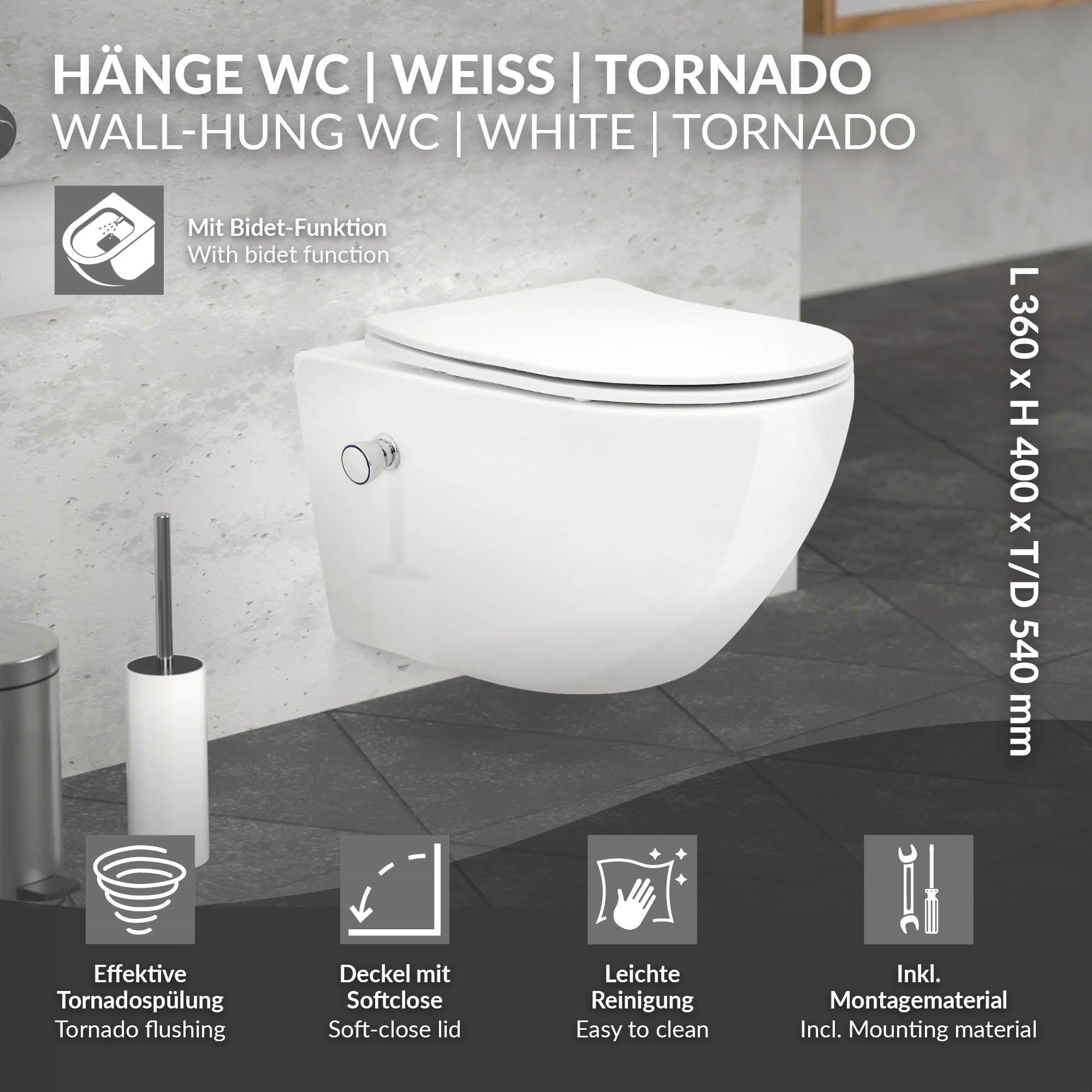 Luxebath WC Suspendu Céramique Blanc 54 cm Sans Bride Bidet