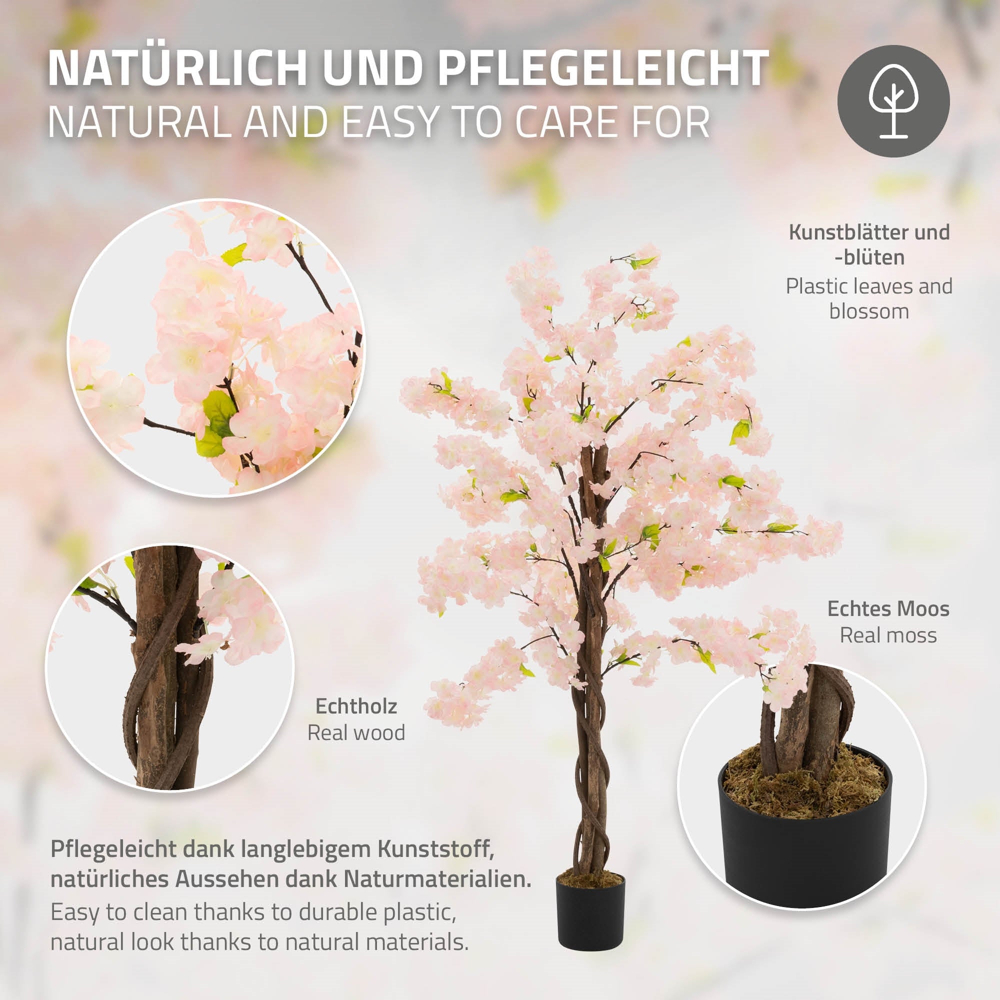 ECD Germany cerisier artificiel rose 120 cm en pot