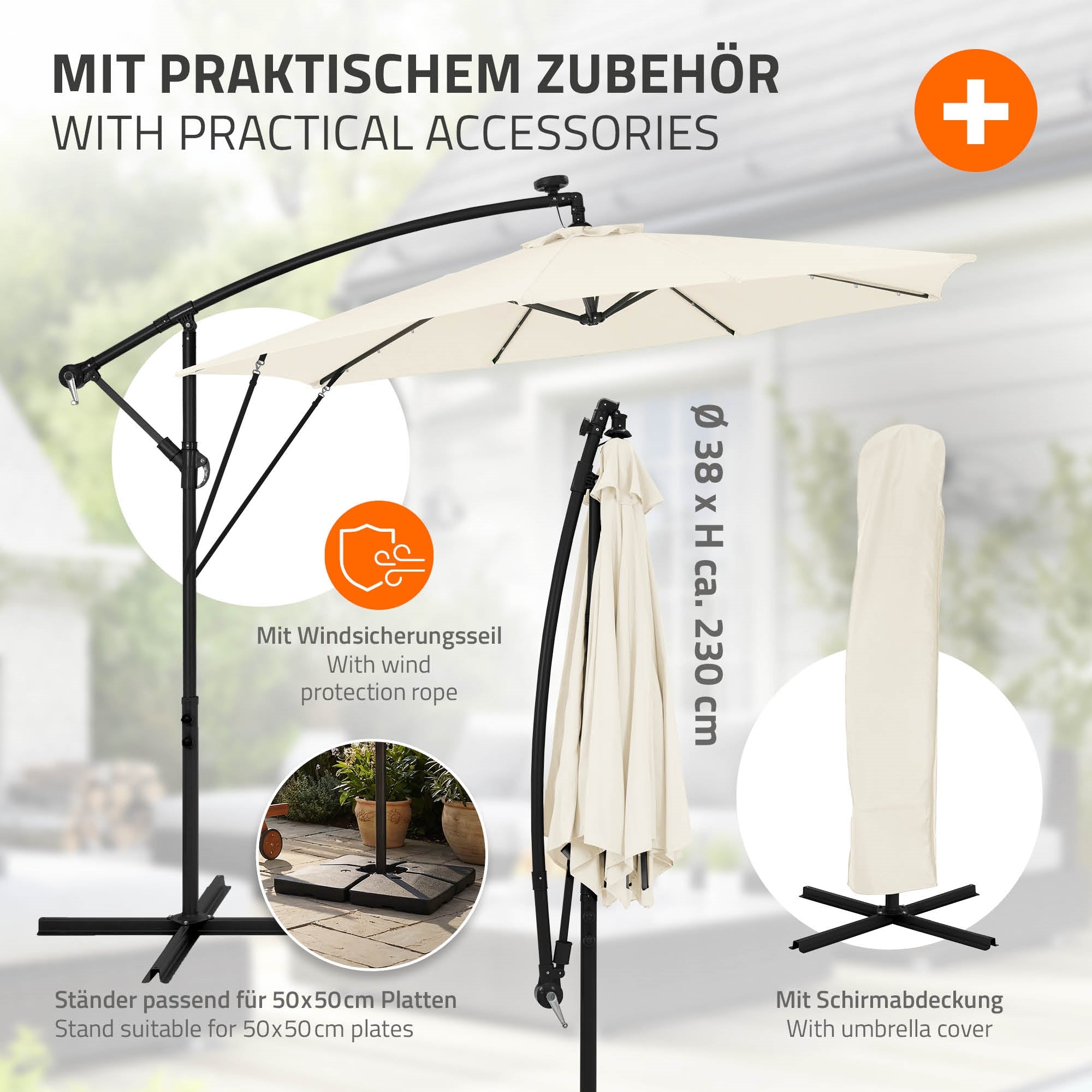 ECD Germany parasol déporté beige 300cm LED solaire ML-Design